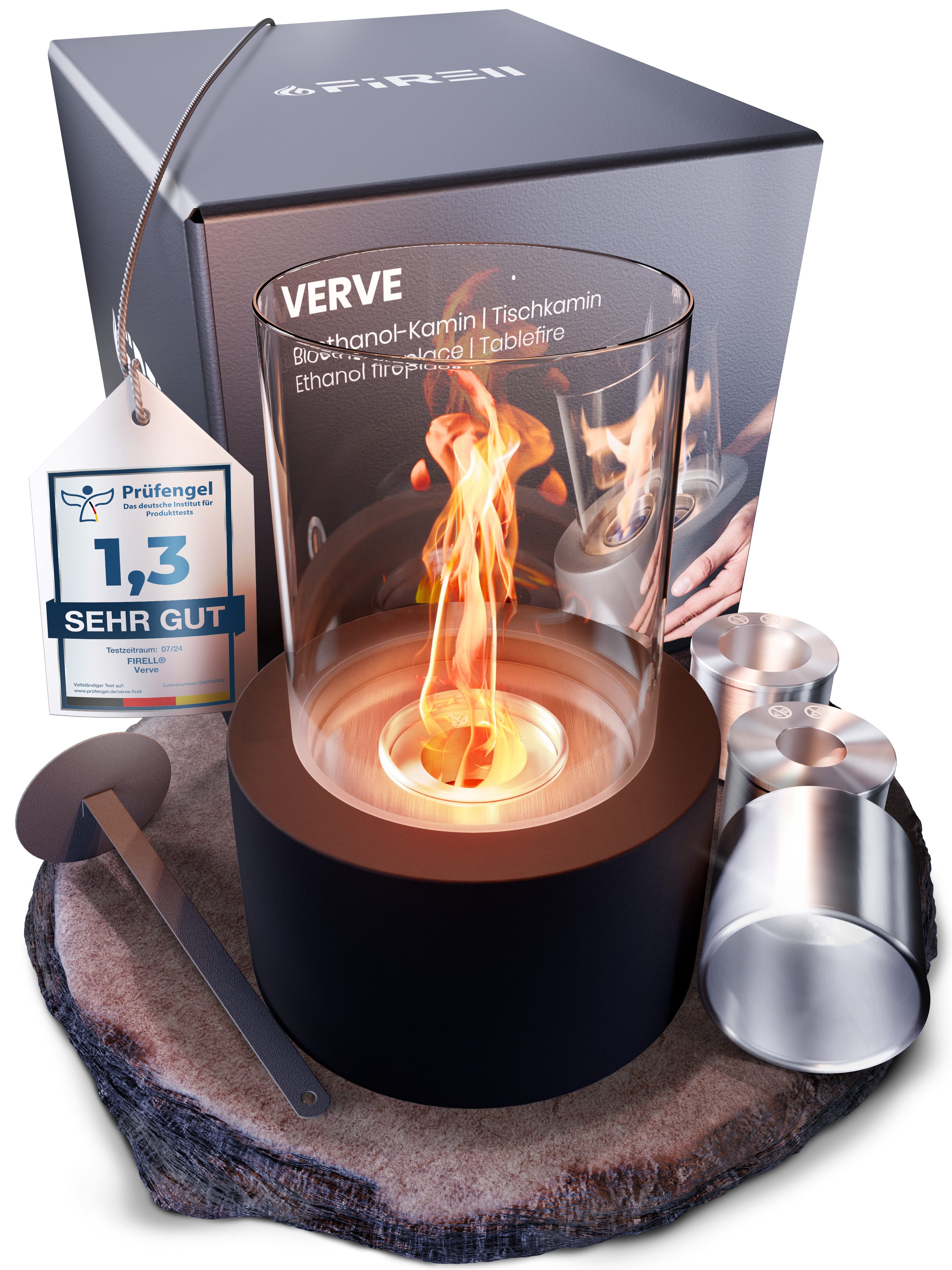 FIRELL Tischfeuer Ethanol Tischkamin Indoor & Outdoor Echtfeuer-Dekokamin (aus massivem Beton, Komplett-Set), Verstellbare Flamme, 3,2 kg Beton, 3h Brenndauer, TÜV Geprüft