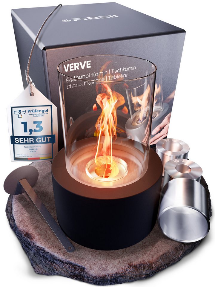 FIRELL Tischfeuer Ethanol Tischkamin Indoor & Outdoor Echtfeuer-Dekokamin (aus massivem Beton, Komplett-Set), Verstellbare Flamme, 3,2 kg Beton, 3h Brenndauer, TÜV Geprüft