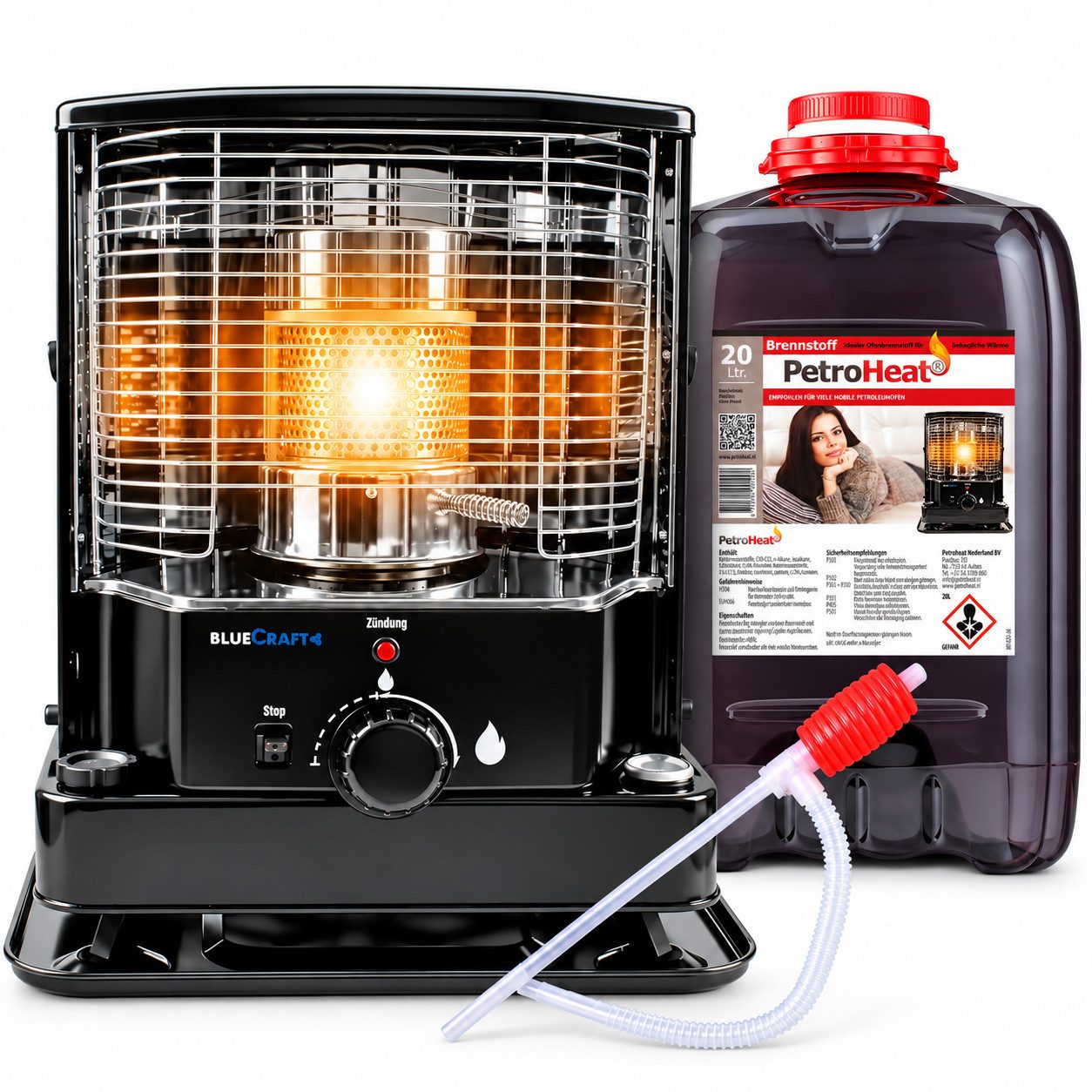 BlueCraft Petroleumheizung Petroleumofen Dochtofen + Petroleum 20 Liter mobile Camping-Heizung, Heizofen ohne Strom inkl Docht Handpumpe Heizstrahler Heizer Heizgerät