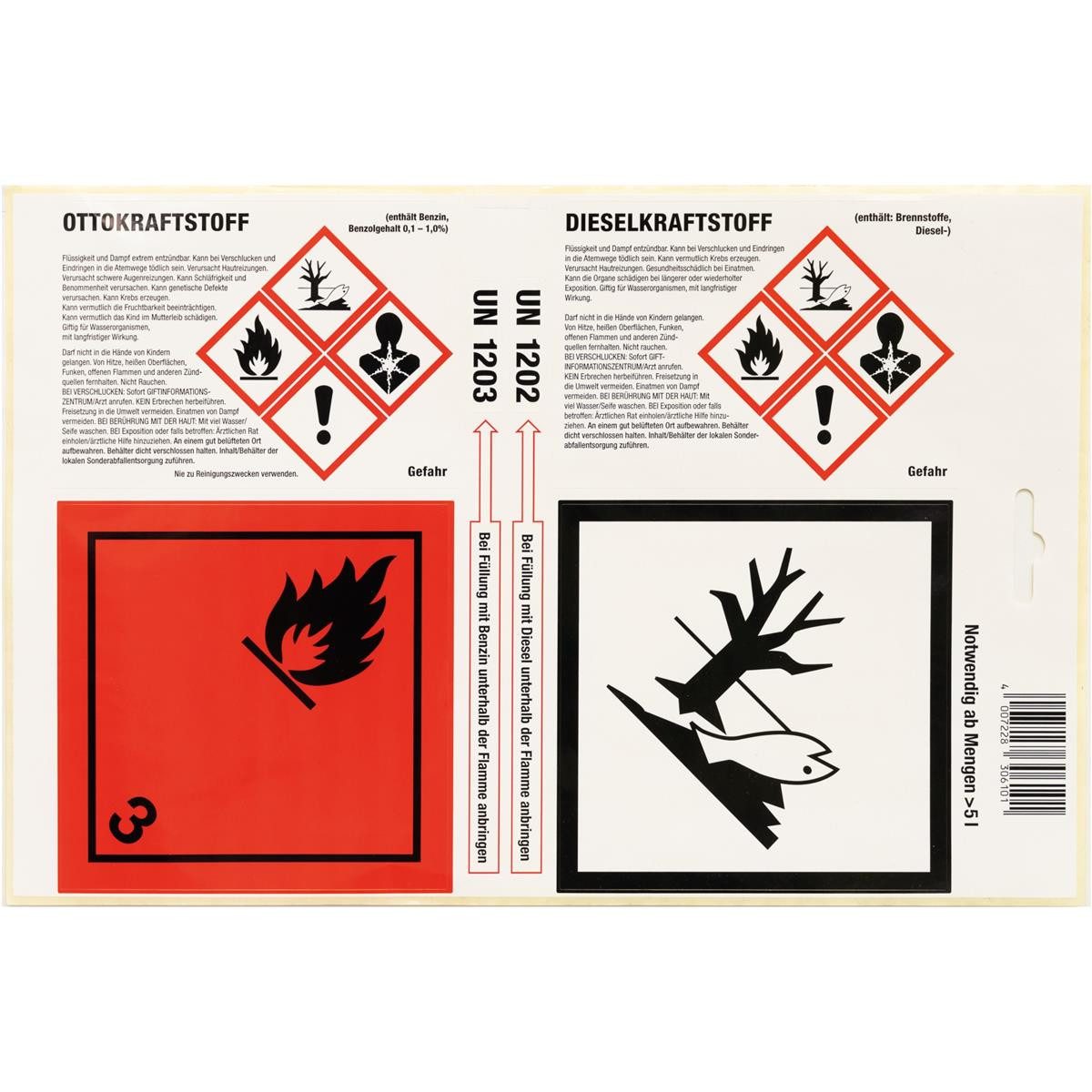 Triuso Benzinkanister Haftetiketten nach neuer GHS für Kraftstoffkanister (Warnhinweise für Kanister ab 3,1l und ab 20l), zur Gefahrenkennzeichnung nach neuer GHS-Verordnung
