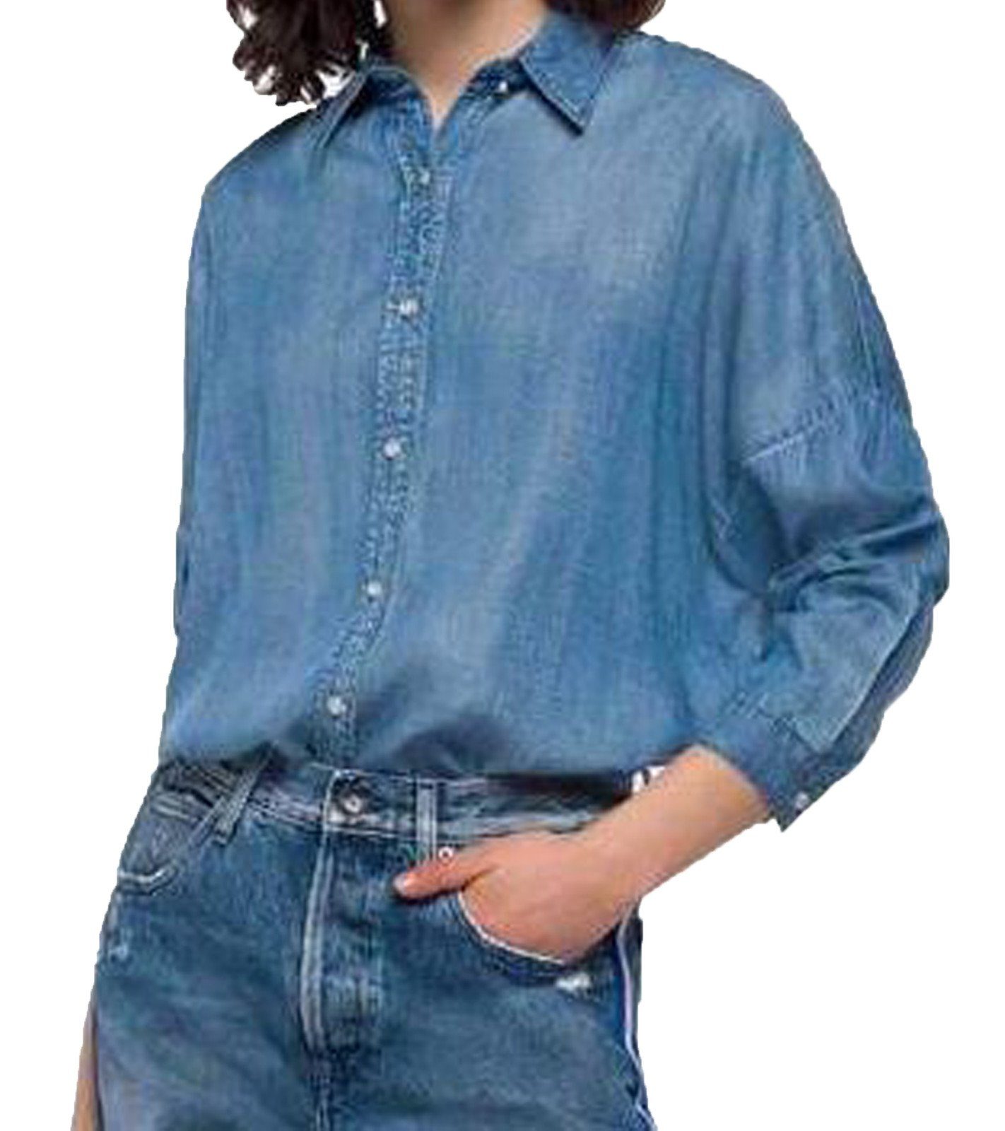 Replay Hemdbluse »REPLAY Hemd-Bluse stilvolle Damen Freizeit Long-Bluse  Business-Hemd mit leicht längerem Hinterteil Hand-Made in Jeans-Hemd Optik  Hellblau« online kaufen | OTTO