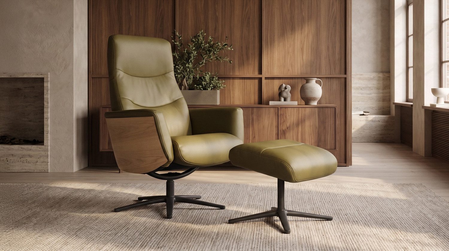 KAWOLA Relaxsessel VANITAS Leder olivgrün Eichenfinish Komfort Drehsessel, 360° drehbar, Relaxfunktion, Kopfstütze, inklusive Fußhocker