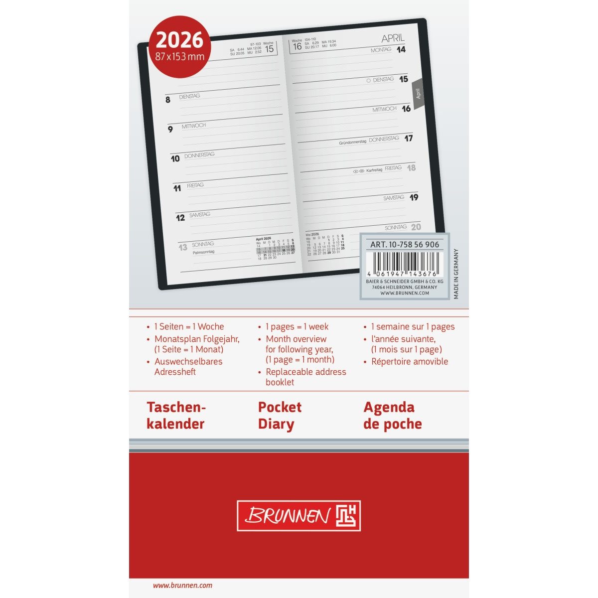 Thumbnail - BRUNNEN Taschenkalender Taschenkalender 758 8,7x15,3cm 1 Woche/Seite Leder schwarz 2026