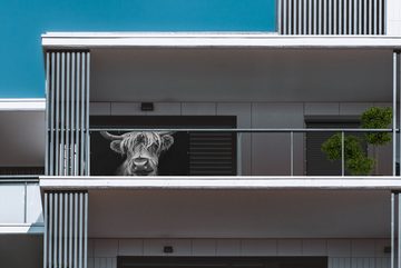 MuchoWow Balkonsichtschutz Schottischer Highlander - Hörner - Schwarz - Weiß - Kuh - Wild - Tiere (1-St) Balkonbanner, Sichtschutz für den Balkon, Robustes und wetterfest