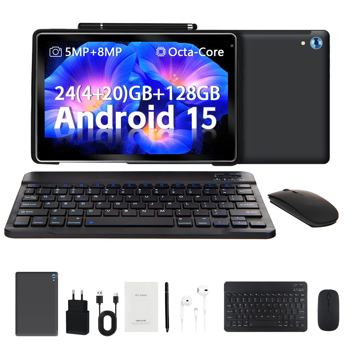 BUFO 10.1 Zoll Octa-Core, 24GB+128GB, 1280x800 HD IPS, incl. Hülle Set Tablet (10", 128 GB, Android, Android 15 mit Tastatur, Stift, Maus, Hülle, Kopfhörer, WiFi 6 BT 5)