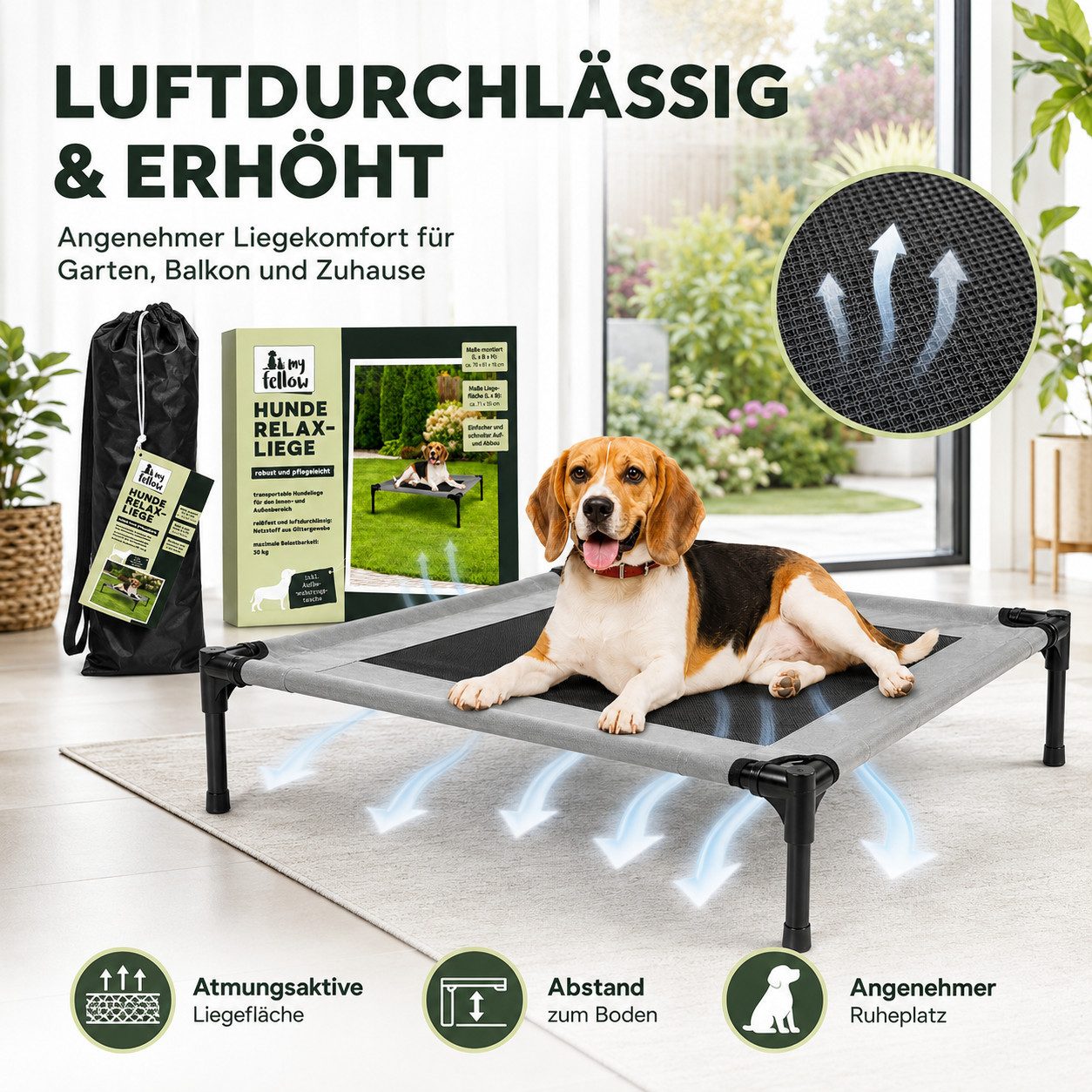 My Fellow Tierbett Hunde Relax-Liege 76 x 61 x 18 cm grau bis 30 kg für innen und außen, 70 % PVC, 30 % Polyester; außen 100 % Polyester, erhöht, luftdurchlässig, pflegeleicht, mit Tasche