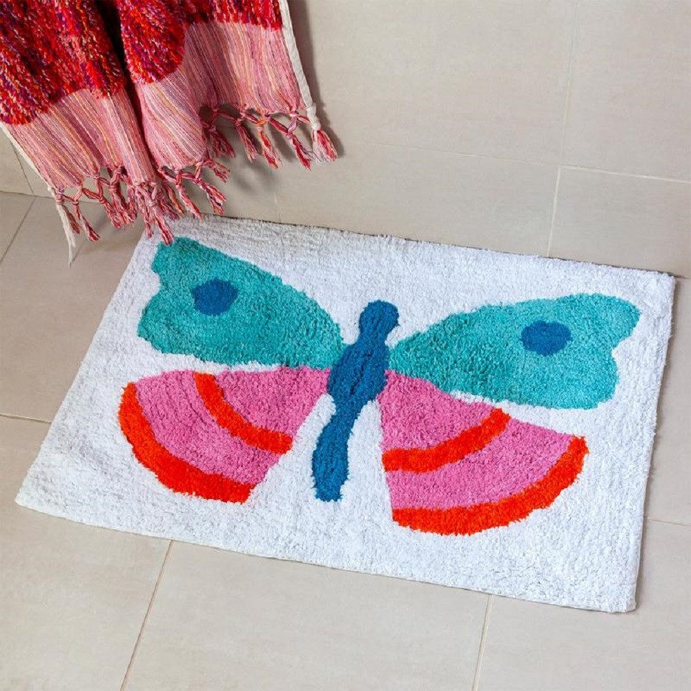 Rex London Badematte Schmetterling, wunderbar weich, wasserabsorbierend, getuftete Struktur, Baumwolle, rechteckig, Bad Vorleger, ca. 80x50 cm, für einen farbigen Akzent im Bad