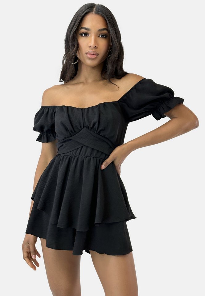 Elara Jumpsuit Damen Jumpsuit kurz mit Carmen-Ausschnitt und Volants