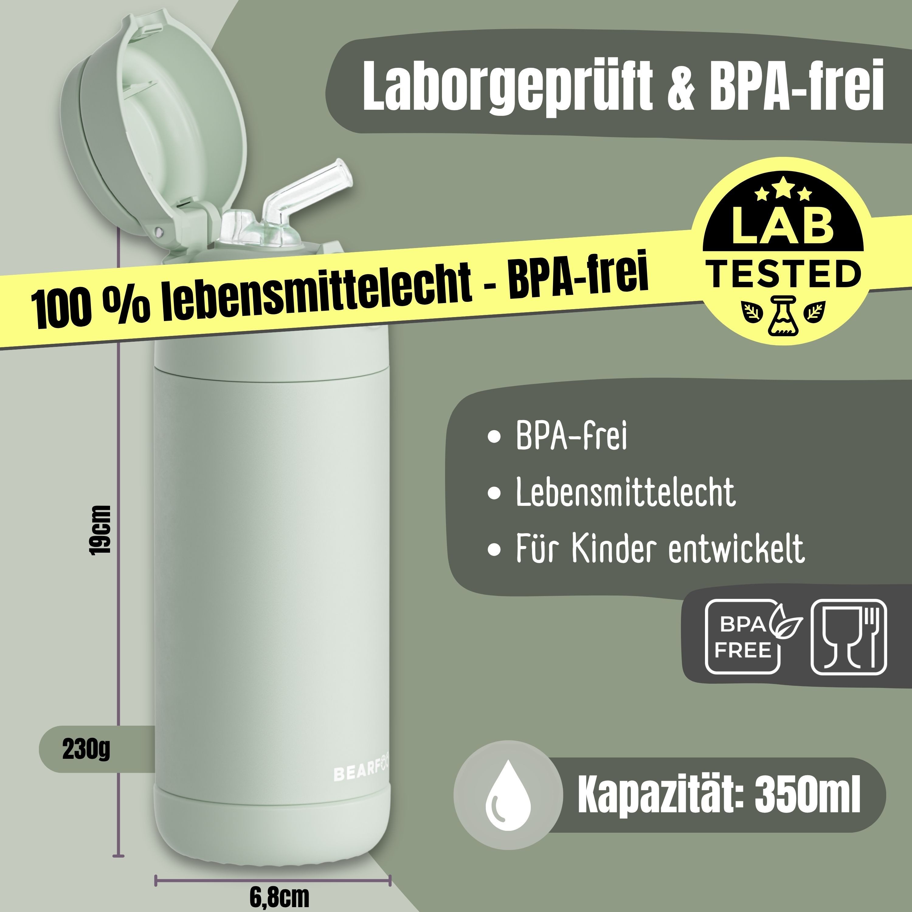 BEARFOOT Trinkflasche Thermo Kinder Trinkflasche Edelstahl - grün, Thermosflasche, auslaufsicher, Edelstahl, Kinderflasche, BPA-frei – Bild 3 von 5