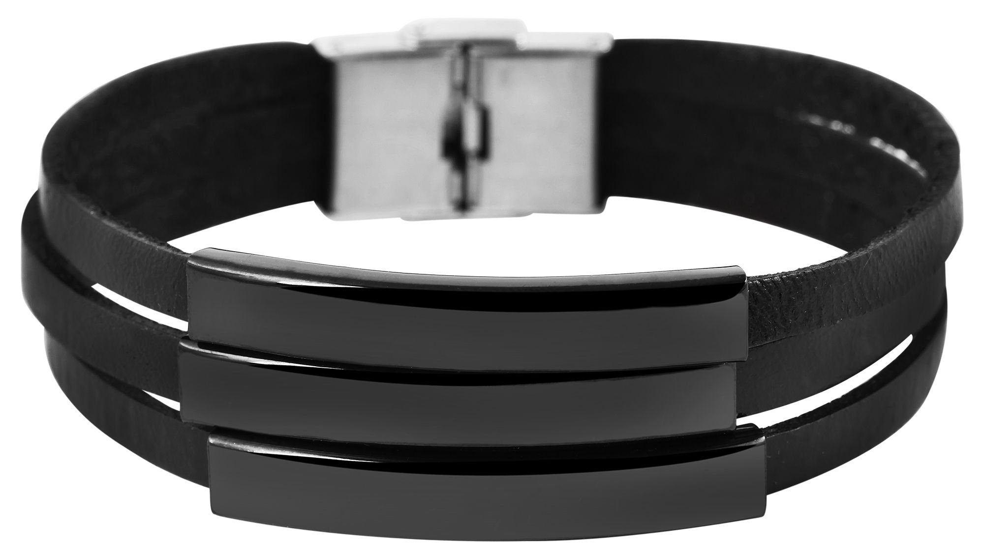 Lex (einzeln) Schwarz1 aus Echtleder Gravurplatten Armband Edelstahl AKZENT Lederarmband mit mehrreihig