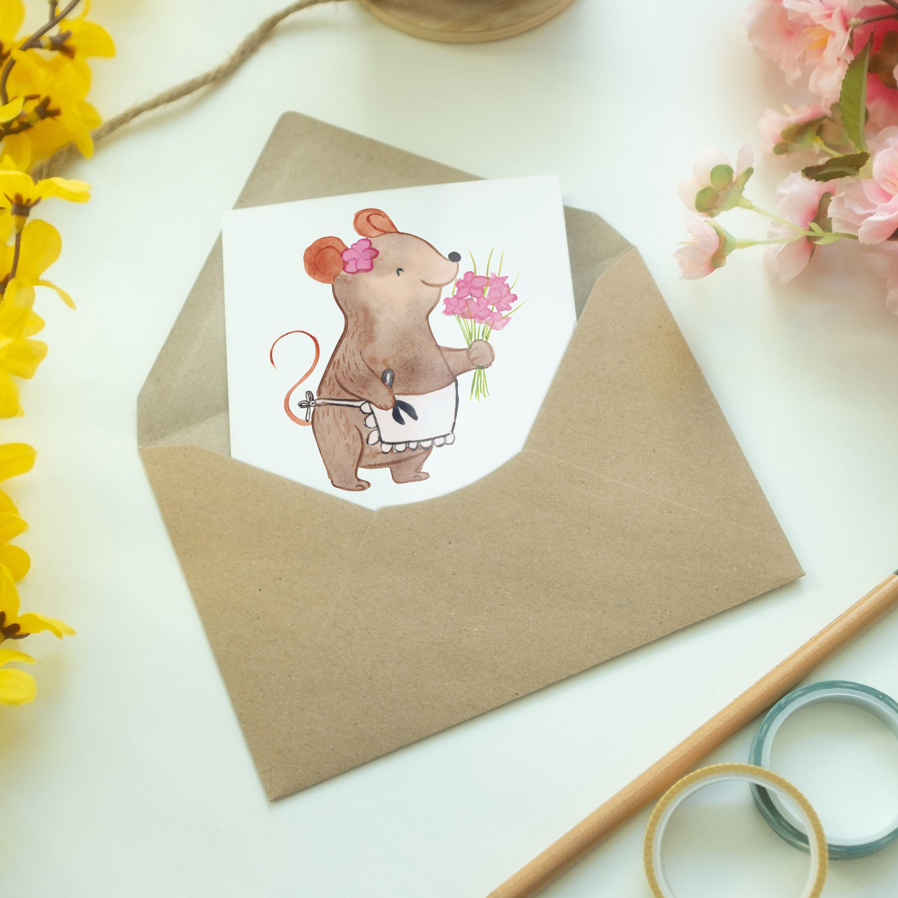 Mr. & Mrs. Panda Grußkarte Weiß Blumenhändlerin, Einladungskart - Geschenk, Floristin Herz - mit