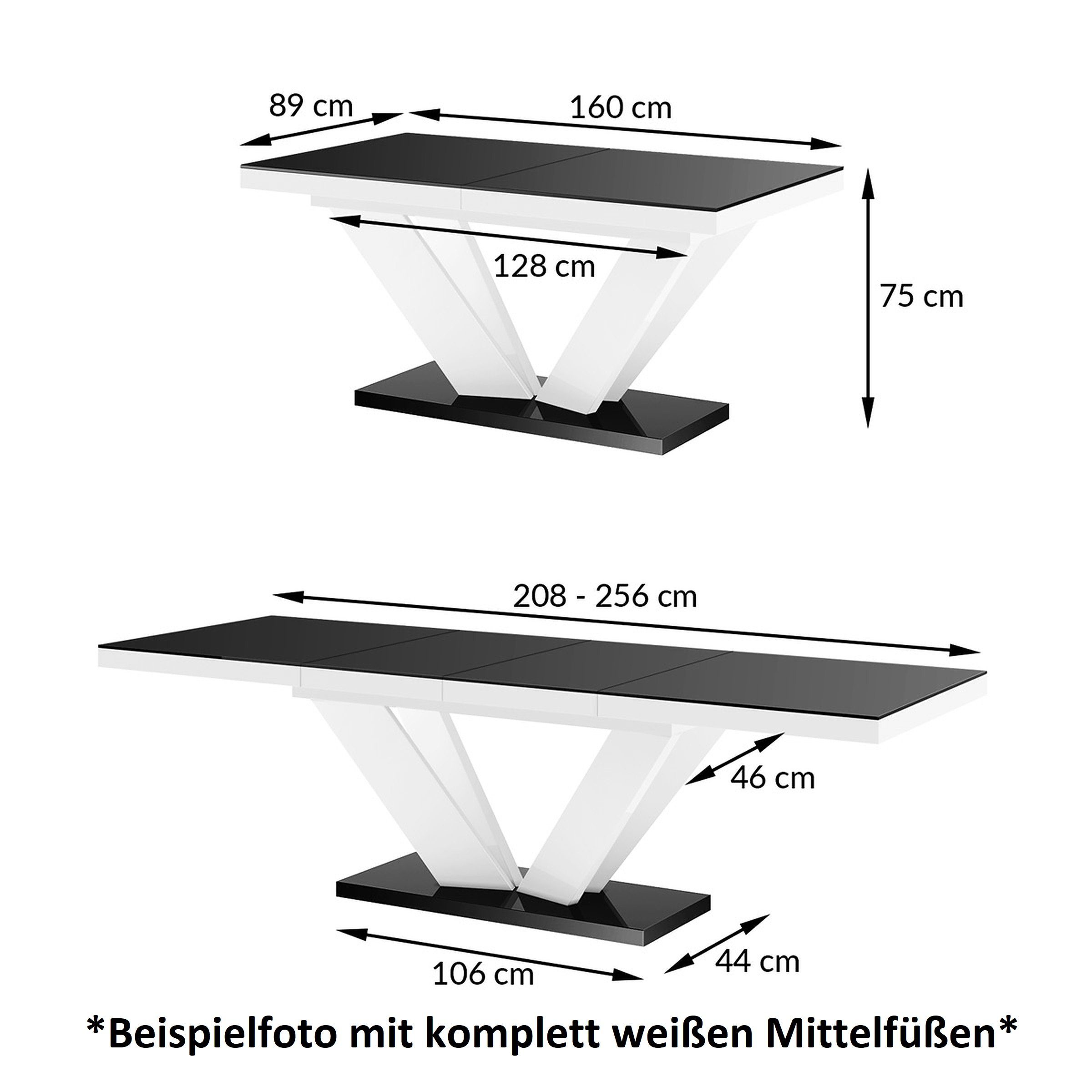 Hochglanz Design - Grau cm bis Esstisch Tisch / 256 Hochglanz ausziehbar Weiß Hochglanz Grau designimpex 160 Weiß HEU-111