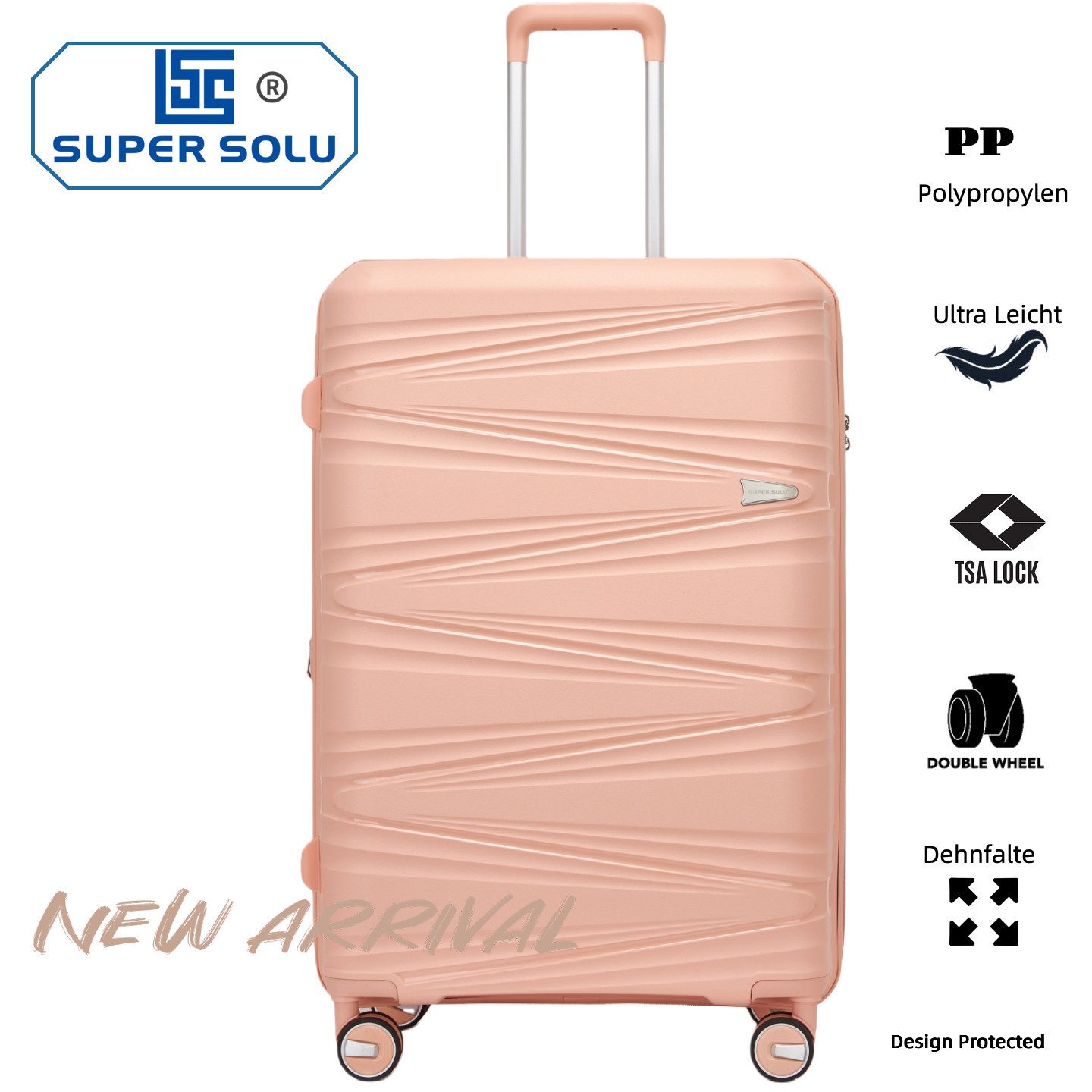 Super Solu Hartschalen-Trolley Hartschalenkoffer aus PP-Kunststoff, 20 Zoll Handgepäck mit Dehnfalte, 4 Rollen, 360° drehbar, Rosa, leichter Reisekoffer mit TSA-Zahlenschloss