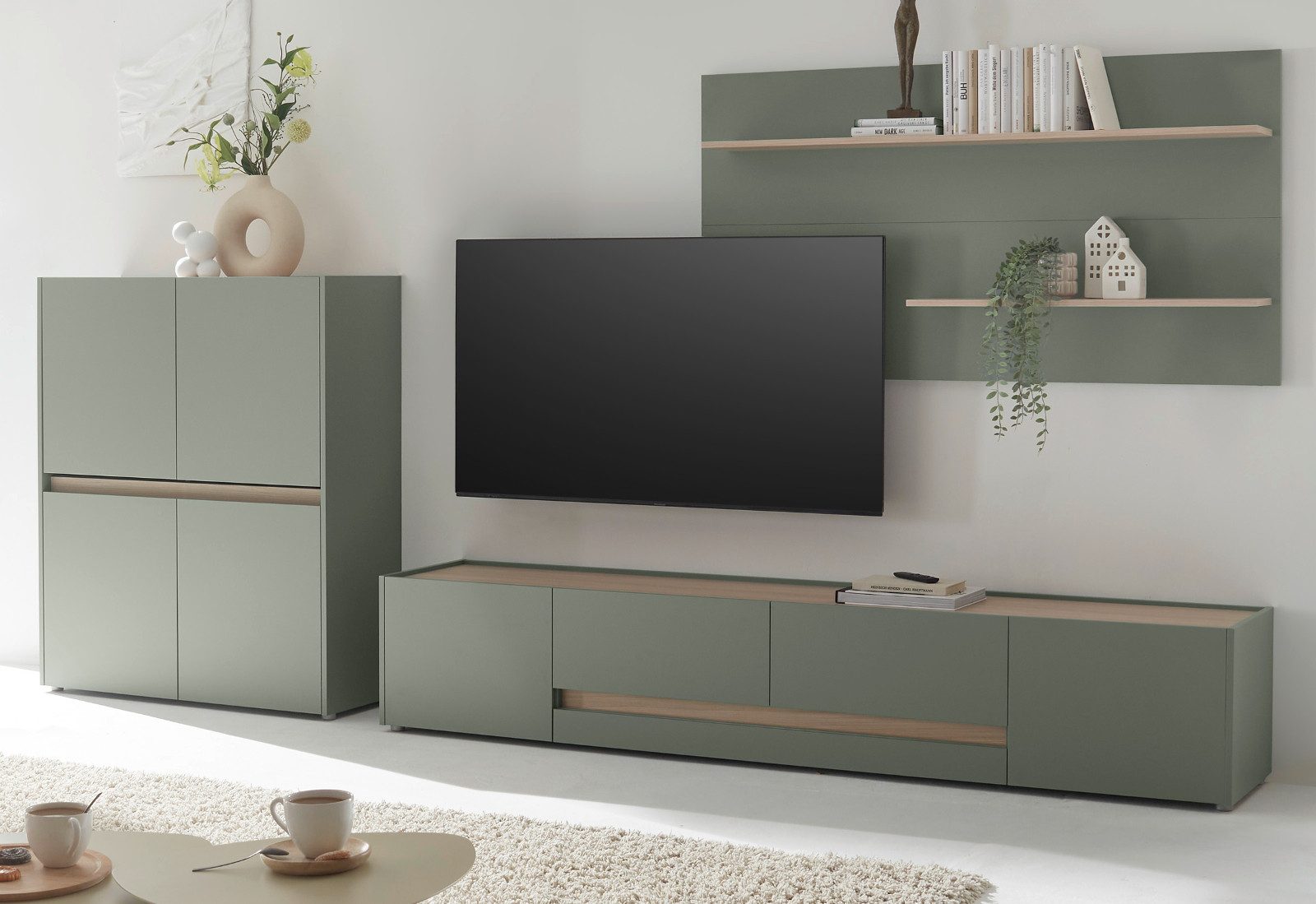 Furn.Design Wohnwand Center, (3-teiliges Set in Salbei mit Eiche Dekor, ca. 340 cm), mit 10 Fächern und 220 cm TV Lowboard