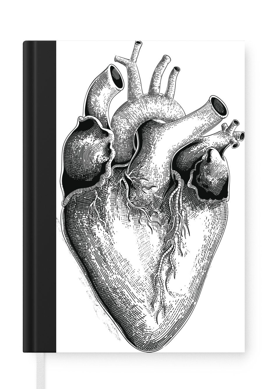 MuchoWow Notizbuch Eine Schwarz-Weiß-Illustration eines Herzens, Journal, Merkzettel, Tagebuch, Notizheft, A5, 98 Seiten, Haushaltsbuch