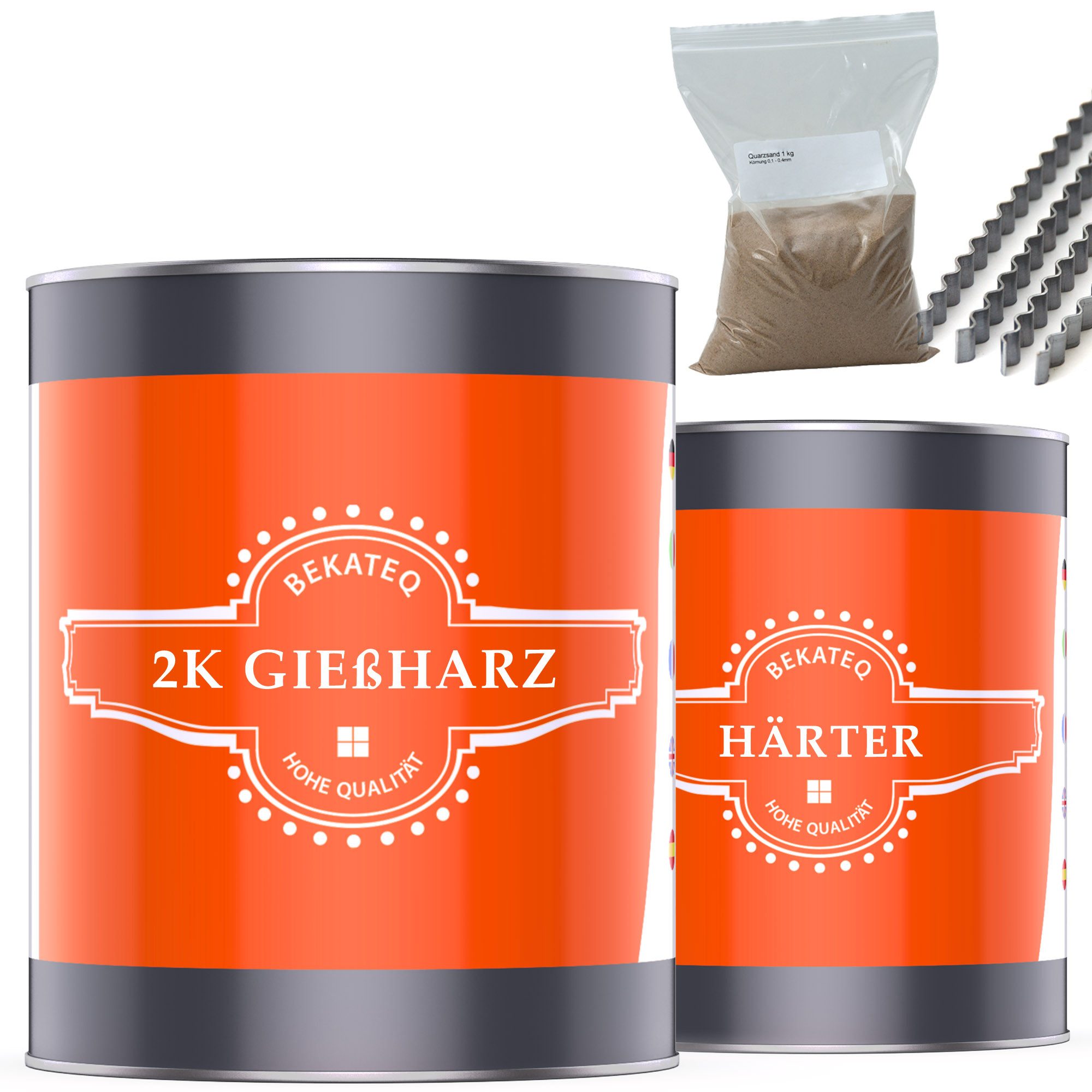 BEKATEQ Boden-Reparaturset BK-450EP Gießharz Set, Harz, Estrichklammern, Quarzsand, Epoxidharz, Beton Estrich reparieren ausbessern Reparaturharz