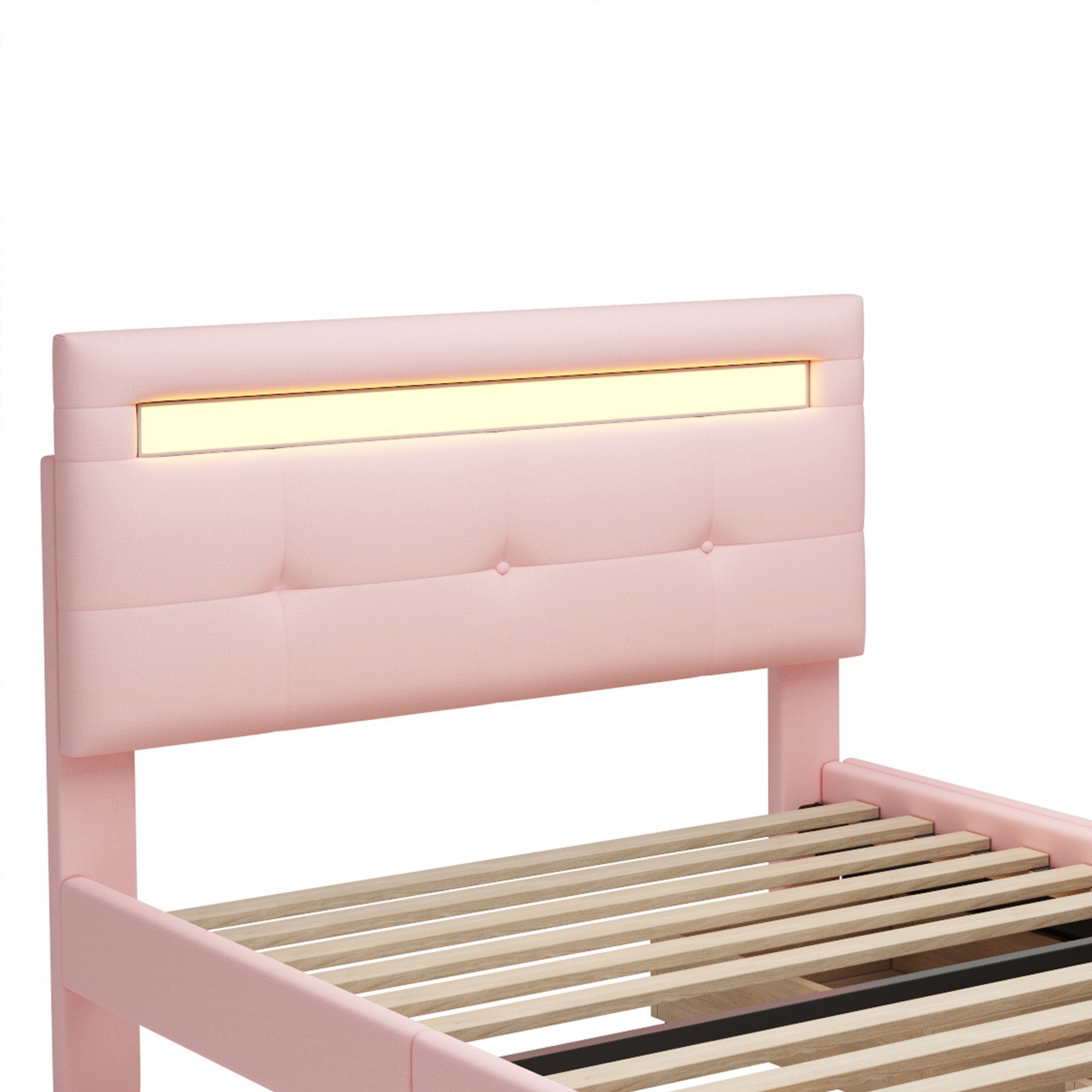 LED rosa Beleuchtung Polsterbett, 2 Flieks Leinen 90*200cm Schubladen Einzelbett