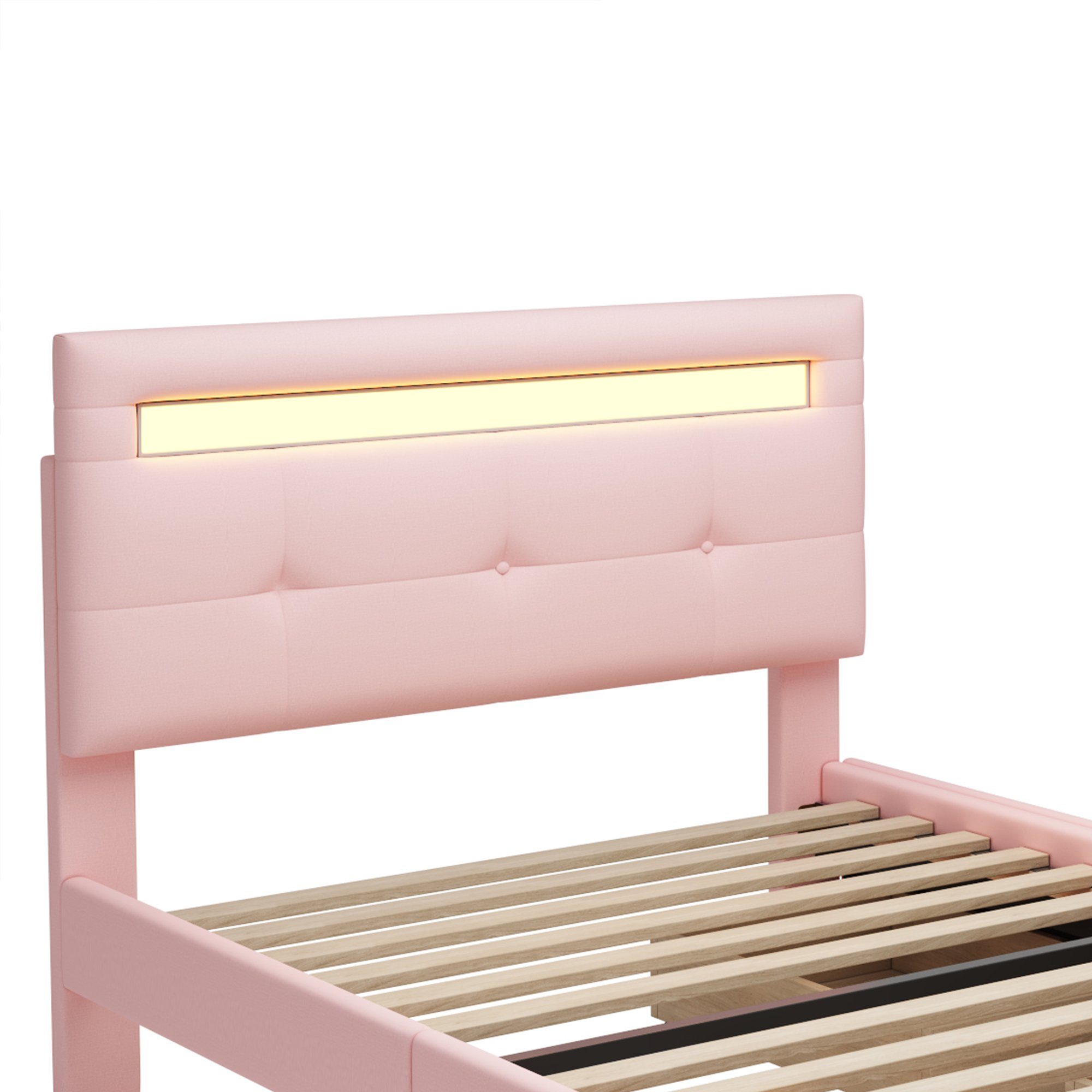 Flieks Polsterbett, LED Beleuchtung Einzelbett 2 Schubladen Leinen 90*200cm