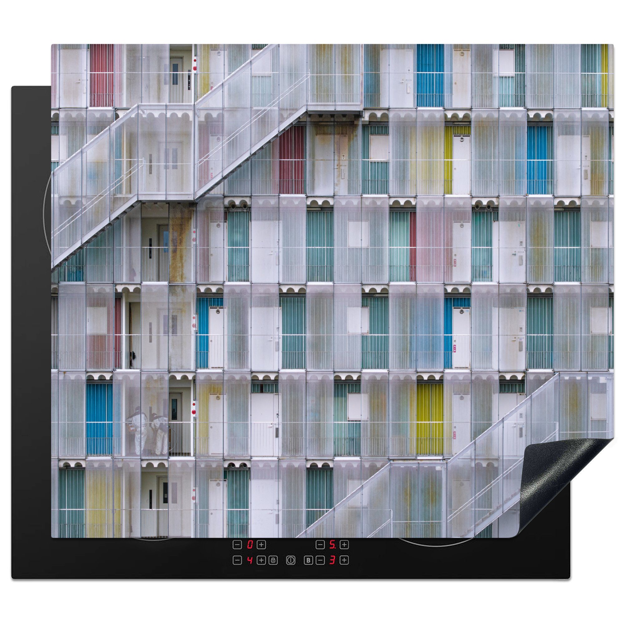 MuchoWow Herdblende-/Abdeckplatte Wohnungen - - nutzbar, Vinyl, 60x52 - tlg), Treppe, Türen Ceranfeldabdeckung Arbeitsfläche (1 Mobile cm, Architektur