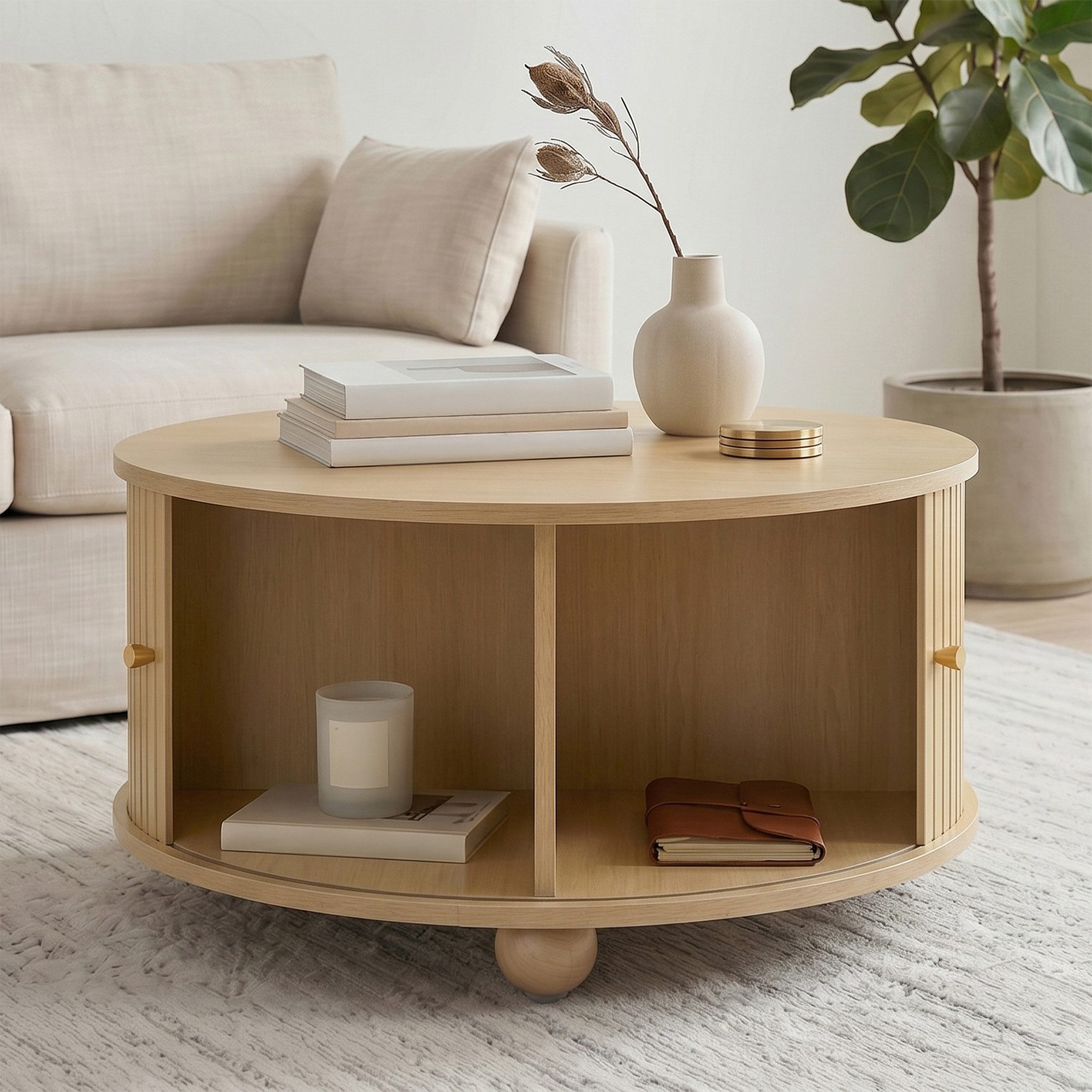 Merax Couchtisch Runder Satztisch Beistelltisch in Retro-Design (72 × 72 × 38 cm, 1-St), Wohnzimmertisch mit Schiebetüren, 4 Fächern, Metallfüße,Reliefstruktur