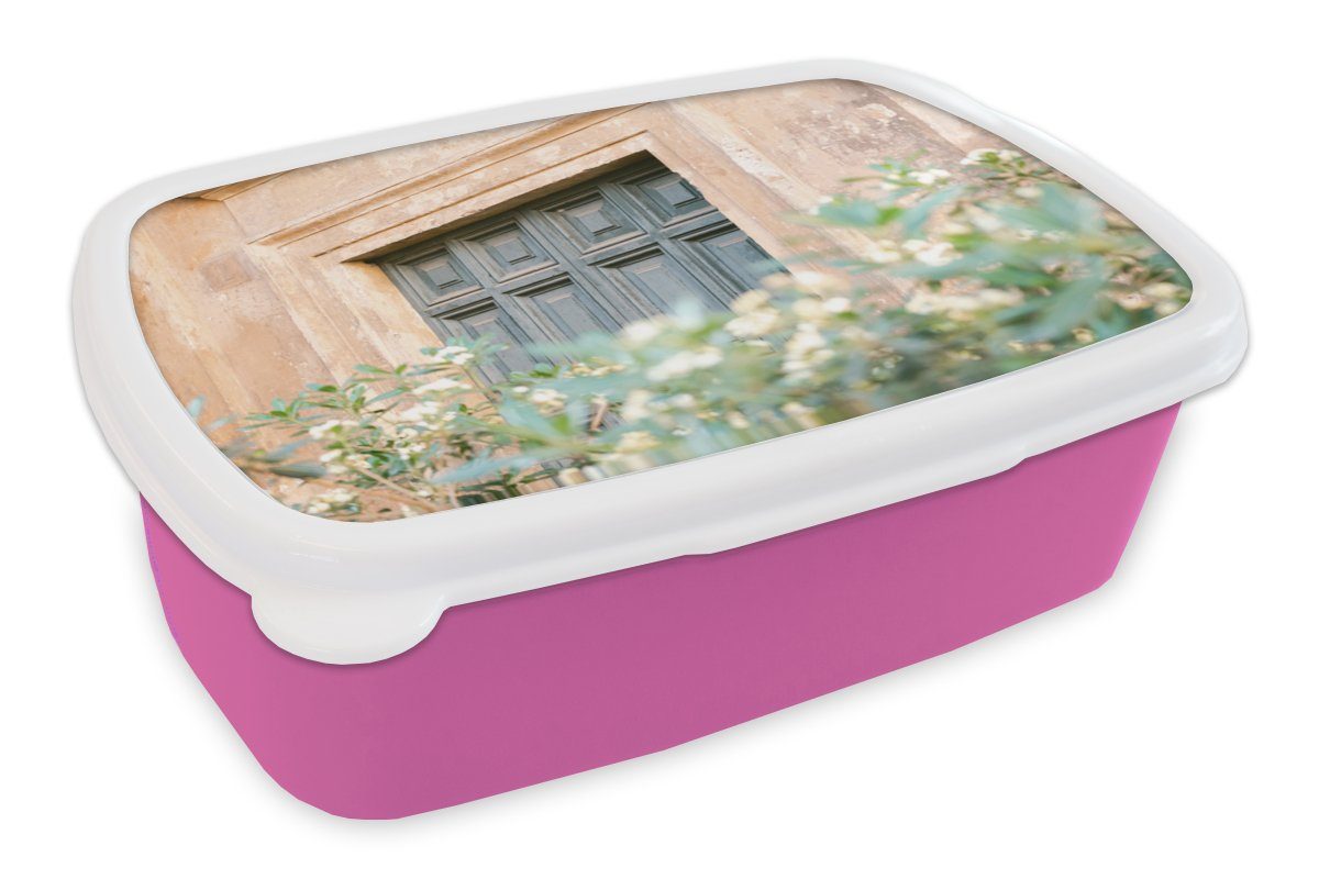 MuchoWow Lunchbox Architektur - Tür - Blumen - Grün - Vintage, Kunststoff, (2-tlg), Brotbox für Erwachsene, Brotdose Kinder, Snackbox, Mädchen, Kunststoff rosa