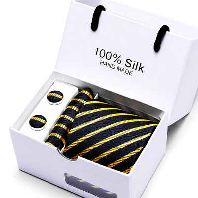 elbedruck Krawatte Krawatte aus 100% Seide gestreift mit Einstecktuch mit Manschettenknöpfen Ton in Ton Set aus Krawatte, Einstecktuch und Manschettenknöpfen