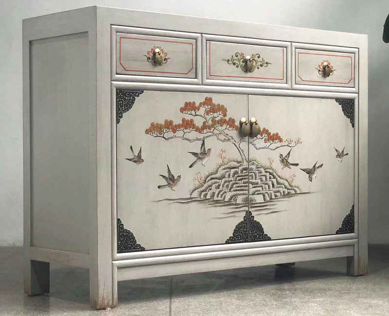 OPIUM OUTLET Kommode Asia Schrank Sideboard orientalisch chinesisch (handbemalt, komplett montiert), dezenter Vintage-Stil, asiatisch, hellgrau-beige