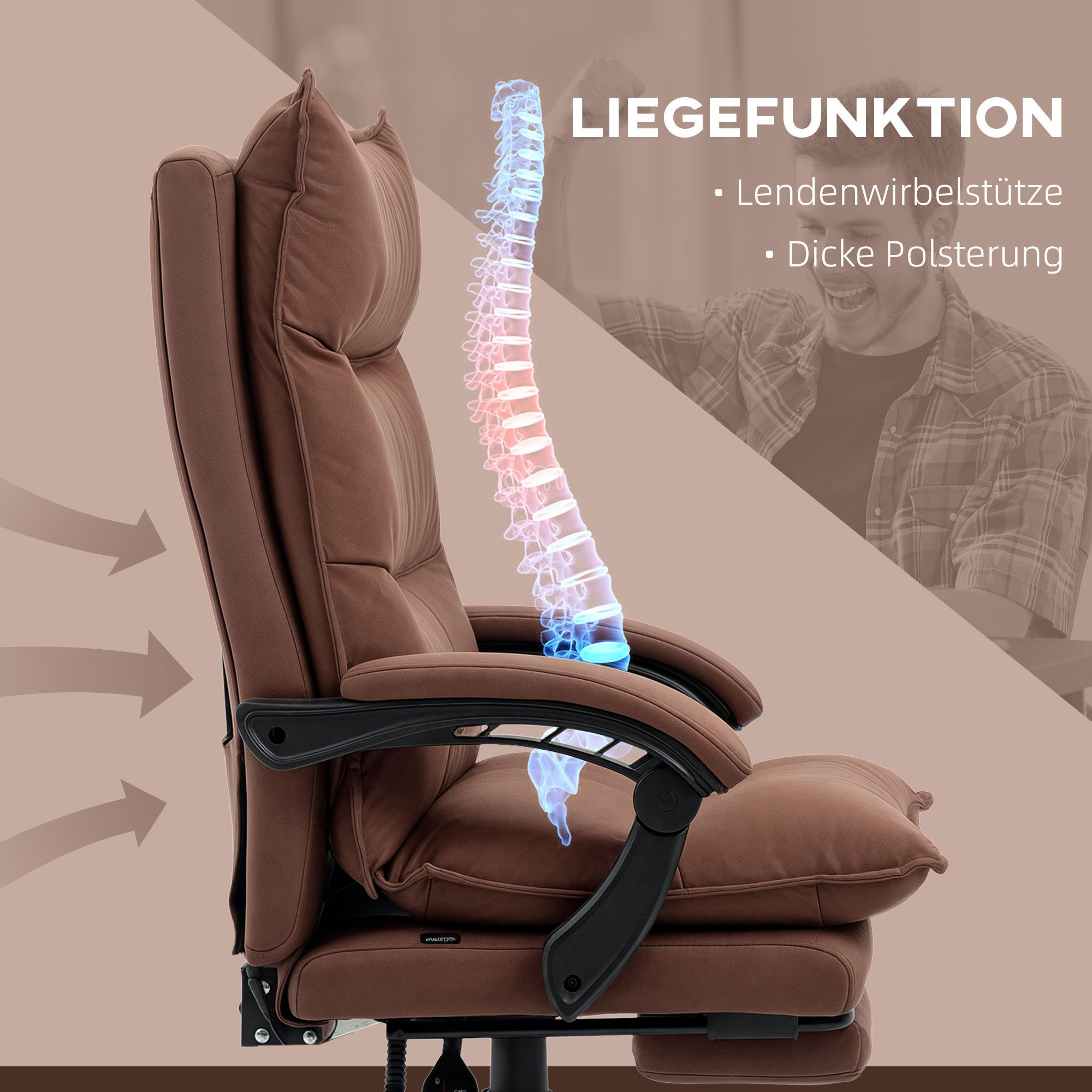 Vinsetto Schreibtischstuhl Bürostuhl Massagefunktion, Ergonomischer PC Stuhl mit Lendenheizung (Chefsessel, 1 St), 120 kg Belastbar, Braun – Bild 5 von 5