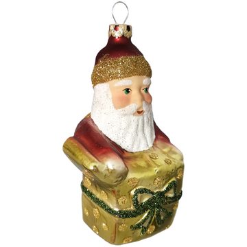 Christbaumschmuck Weihnachtsmann mit grünem Geschenk (1-tlg), mundgeblasen, handbemalt