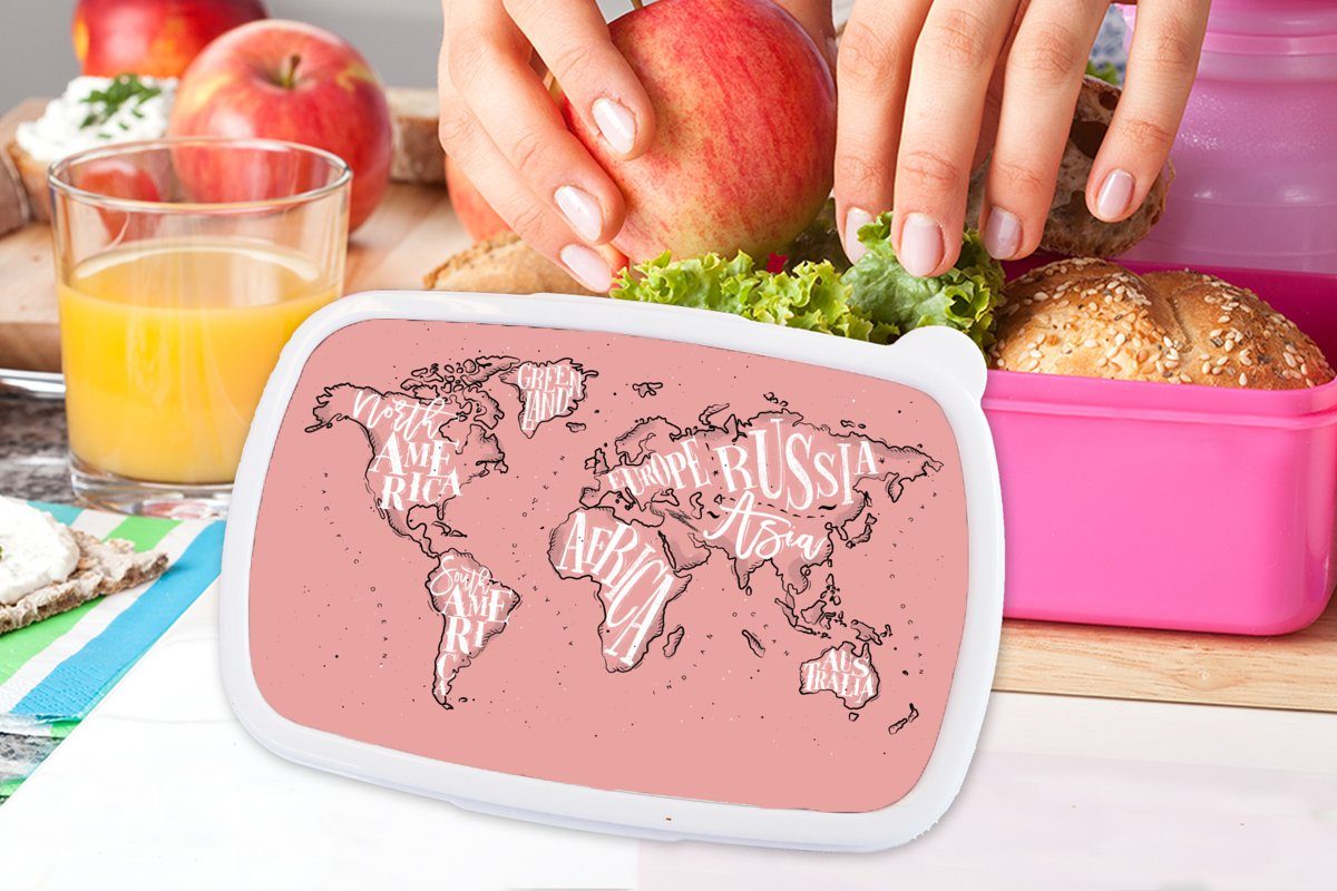 - Lunchbox Kunststoff Mädchen, für Rosa Weltkarte Brotbox (2-tlg), Brotdose Briefe, MuchoWow Kunststoff, Erwachsene, Snackbox, - Kinder,