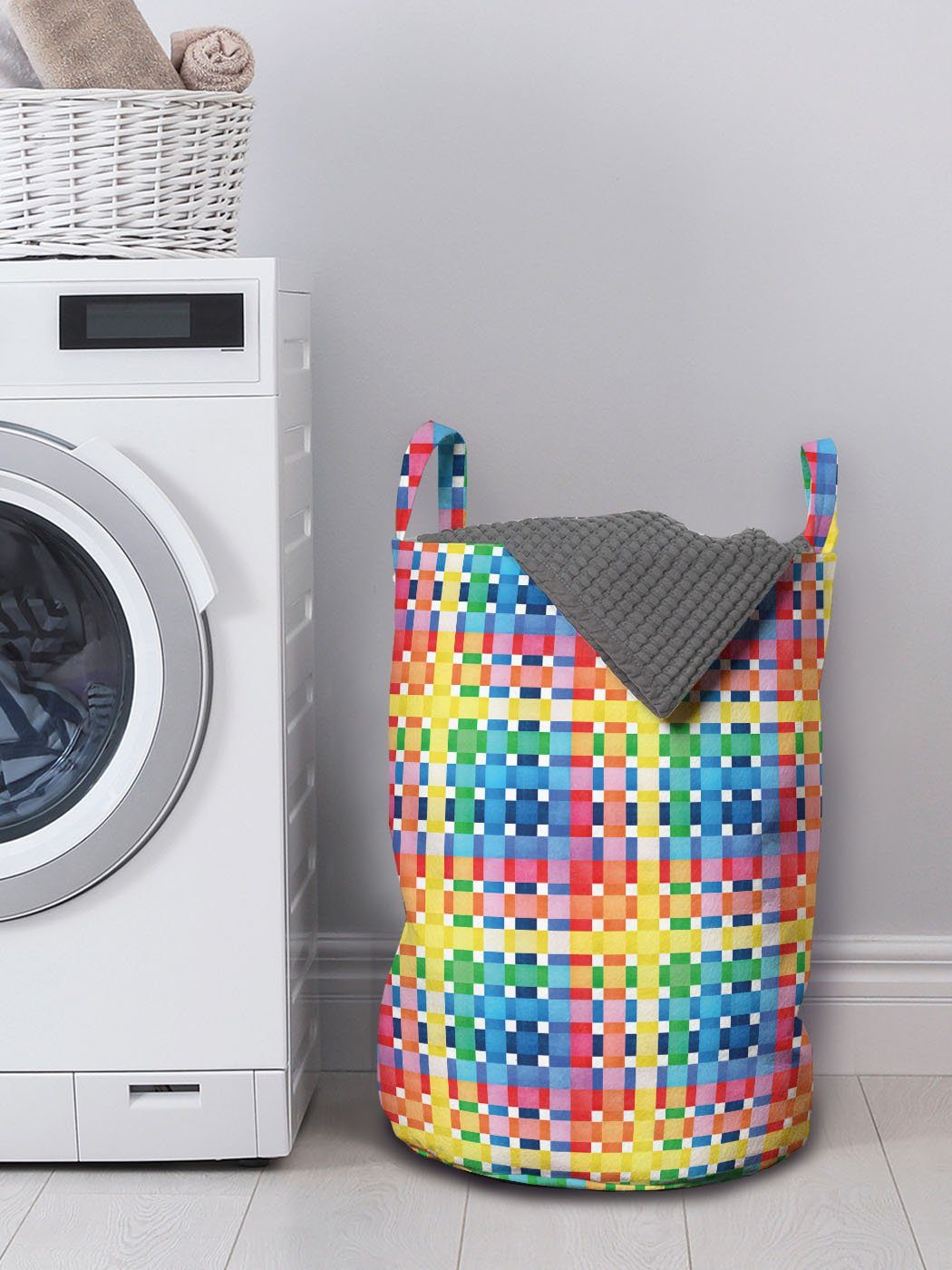 Kordelzugverschluss Abakuhaus Wäschekorb Waschsalons, mit für Kunst Kariert Griffen Regenbogen-Quadrate Wäschesäckchen