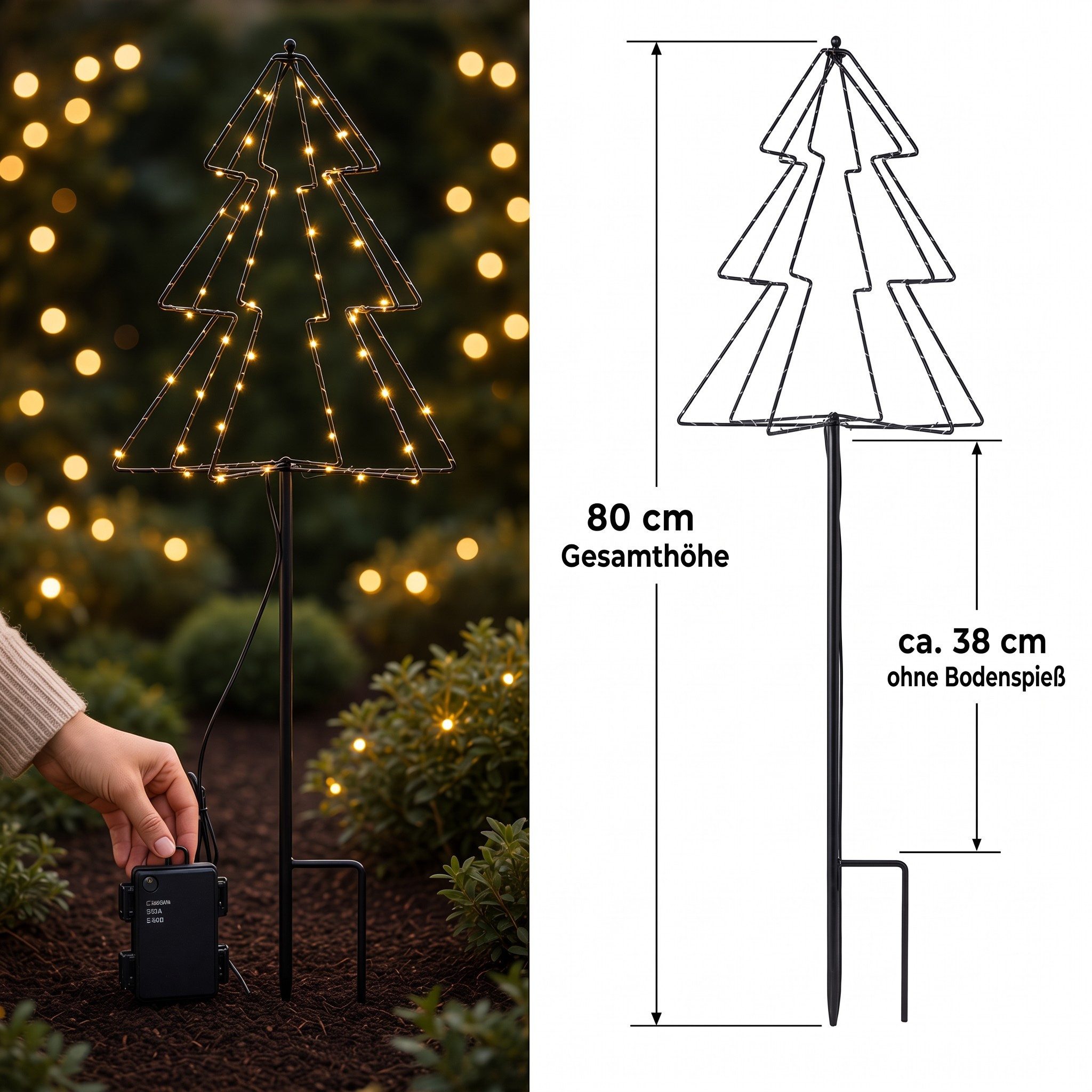 Meinposten LED-Lichterkette LED Tannenbaum Gartenstecker, 80 cm, 52 LEDs, warmweiß, Timer, 6-Stunden-Timer – Bild 3 von 5