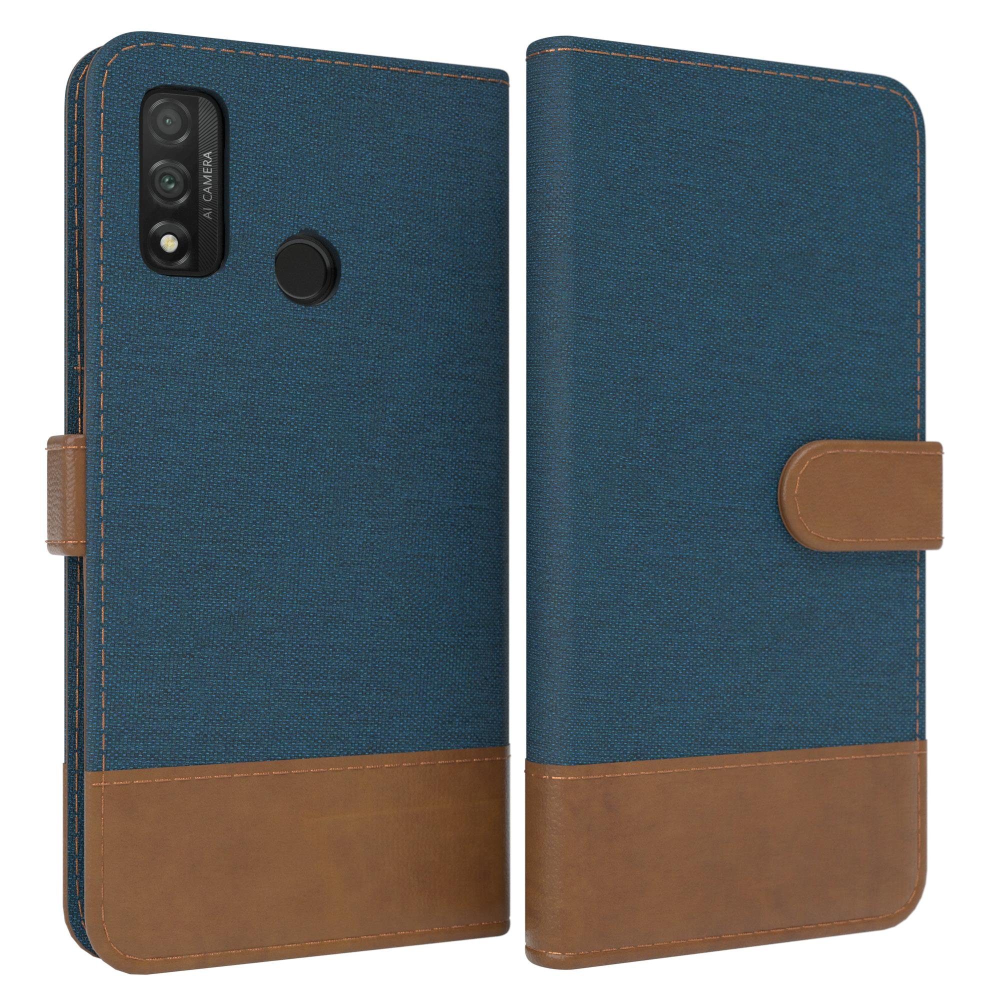 EAZY CASE Handyhülle Bookstyle Jeans für Huawei P Smart (2020) 6,21 Zoll, Klappcase mit Standfunktion und Kartenfach Stoff Schutzhülle Blau