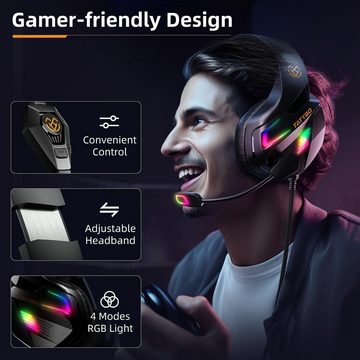 Tatybo Gaming-Headset (Leicht und Tragekomfort, Mit Kabel, mit Surround Sound Noise Cancelling, Kopfhörer Mit Mikrofon RGB Light)