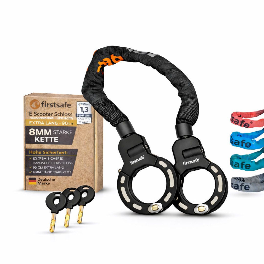 firstsafe Kettenschloss Handschellenschloss für E Scooter Schloss und Fahrrad 90 cm, 360° drehbar, Silikonbeschichtung, 8 mm Stahlkette