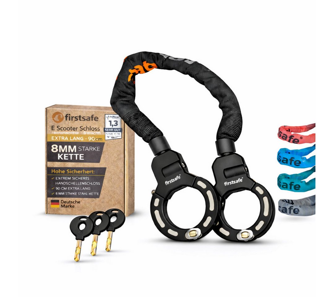 firstsafe Kettenschloss Handschellenschloss für E Scooter Schloss und Fahrrad 90 cm, 360° drehbar, Silikonbeschichtung, 8 mm Stahlkette