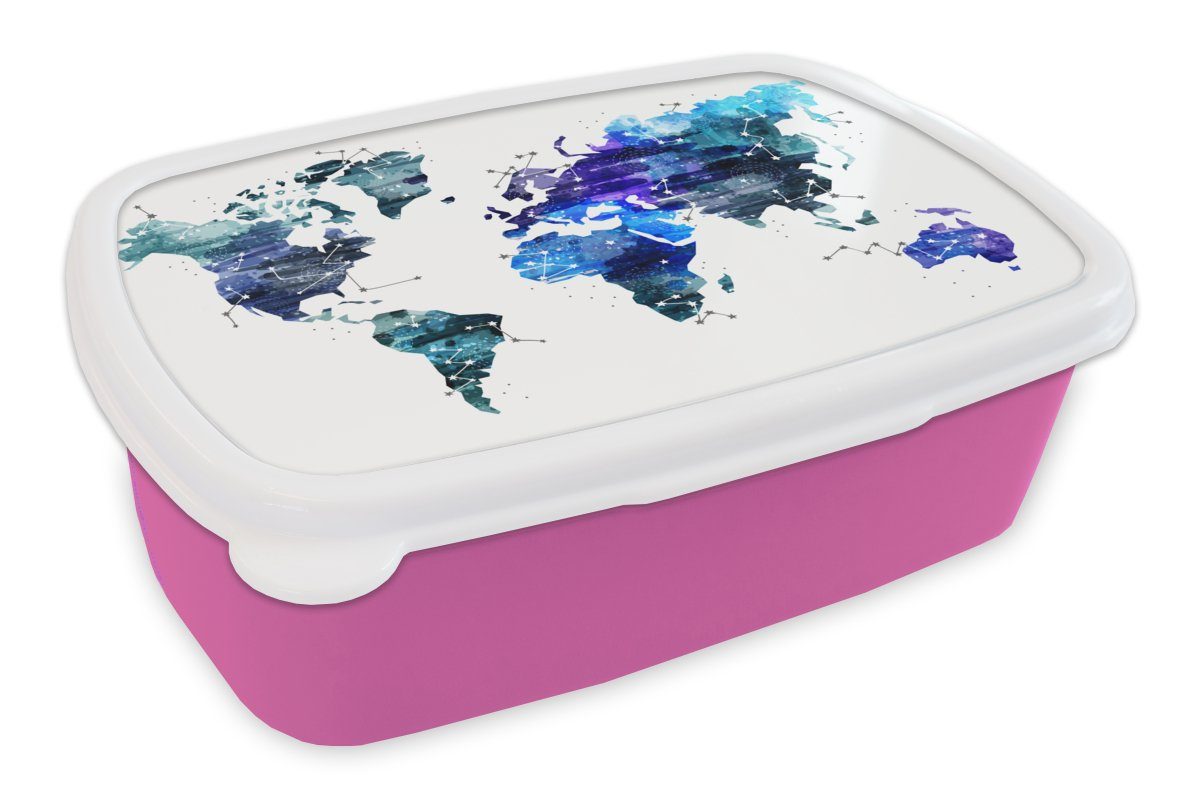 MuchoWow Lunchbox Weltkarte - Blau - Sternenhimmel - Kinder - Jungen - Mädchen, Kunststoff, (2-tlg), Brotbox für Erwachsene, Brotdose Kinder, Snackbox, Mädchen, Kunststoff rosa