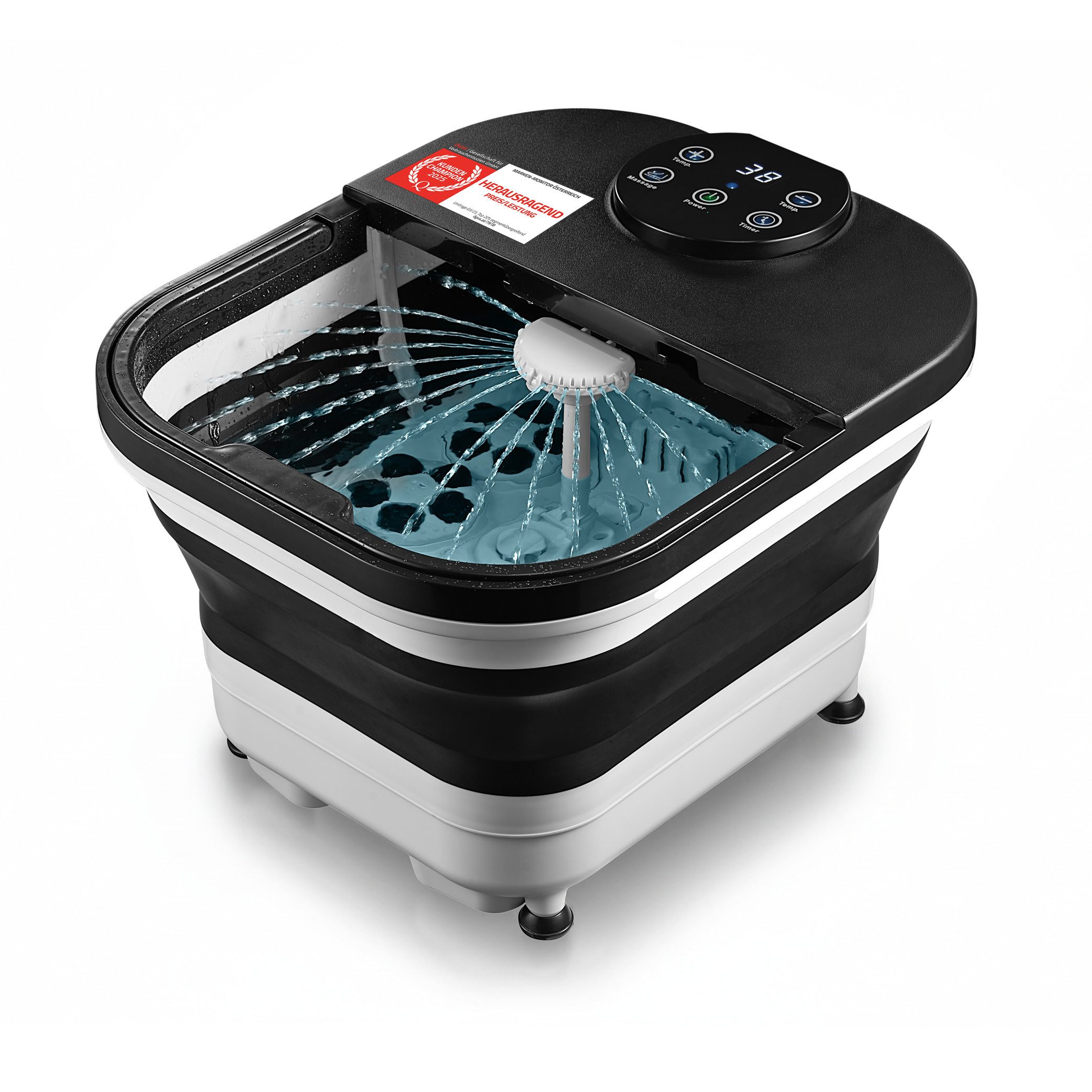 TZS FIRST AUSTRIA Fußmassagegerät 500W, Fußbad mit Fernbedienung & 6 Shiatsu-Rollen, Bis Größe 47, Faltbares Fußsprudelbad mit Heizfunktion, Timer & LED-Display