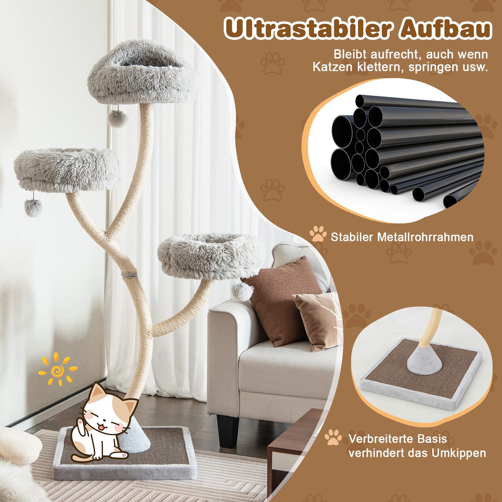KOMFOTTEU Kratzbaum Katzenkratzbaum, mit 3 warmen Liegeflächen, 3 klingelnden Bällen