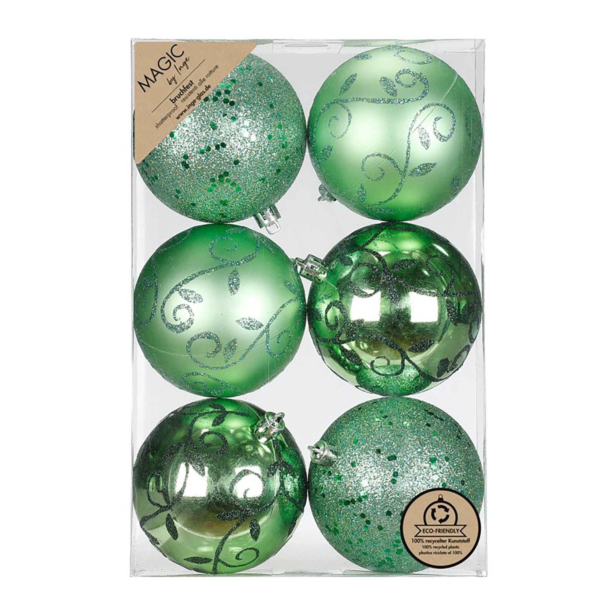 MAGIC by Inge Weihnachtsbaumkugel, Новогодние шары Kunststoff 8cm mit Glitzer 6er Set - Paradise Green