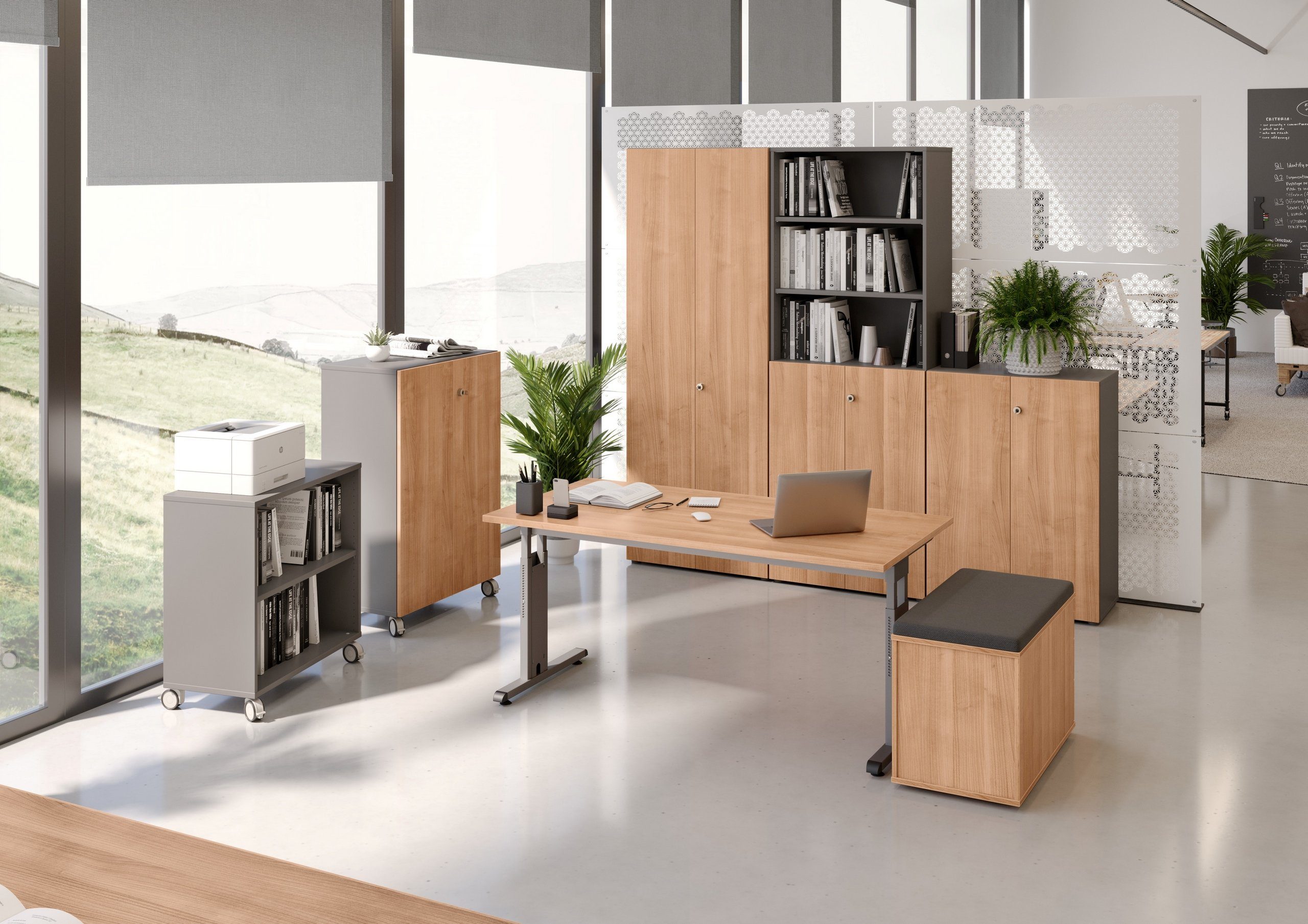 - Freiform: cm 180 Schreibtisch - bümö Schreibtisch Graphit x Eiche Gestell: 100 Serie-O, Dekor: