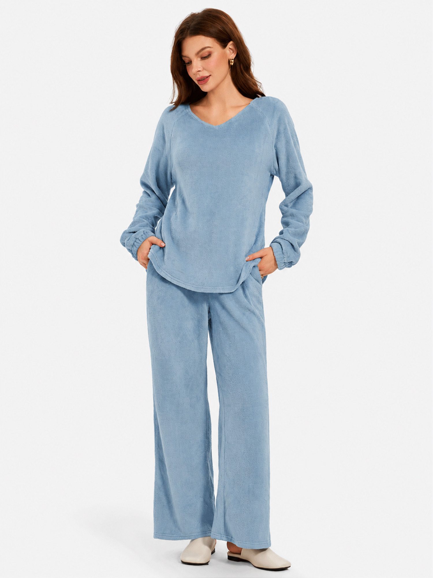 Imily Bela Hausanzug Damen Lounge-Set mit V-Ausschnitt (Set, 2 tlg., V-Ausschnitt Oberteil + Weiter Hose) in Unifarbe