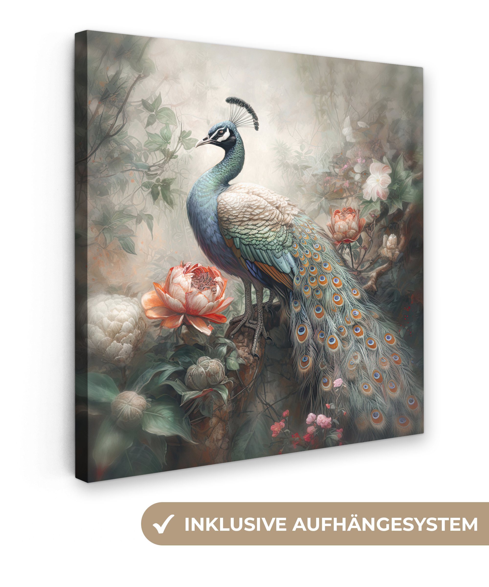 OneMillionCanvasses® Leinwandbild Pfau - Pfauenfedern - Vogel - Dschungel - Blumen, (1 St), Leinwand Bilder für Wohnzimmer Schlafzimmer, 20x20 cm