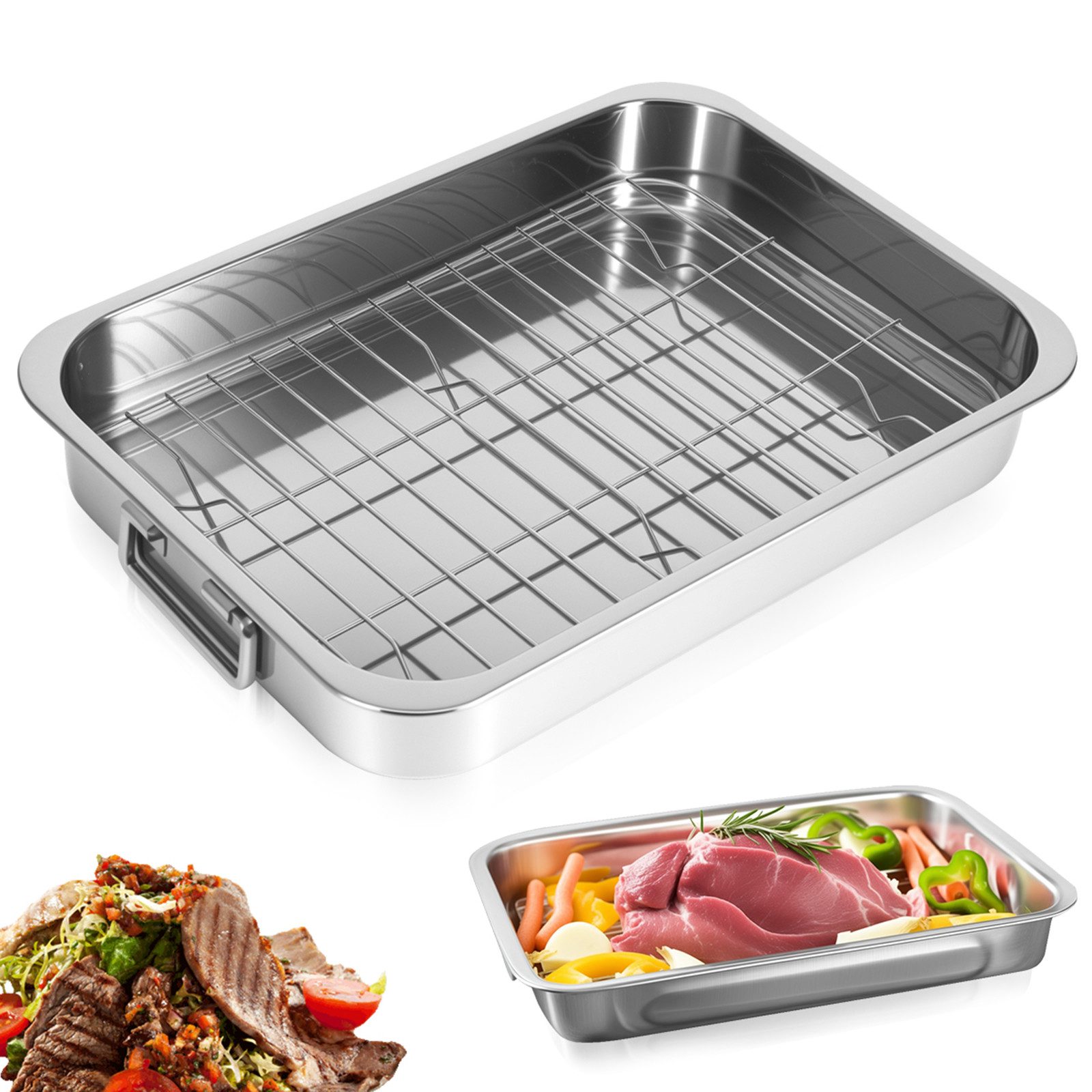 BlingBin Bräter Bratblech mit Gestell, Auflaufformen Ofenfest Edelstahl für Backofen, Edelstahl (1er Set, 1-tlg., Produktabmessungen: 33 × 23 × 5 cm), Backblech Stahlblech mit Griffen für Truthähne, Fleisch, Gemüse