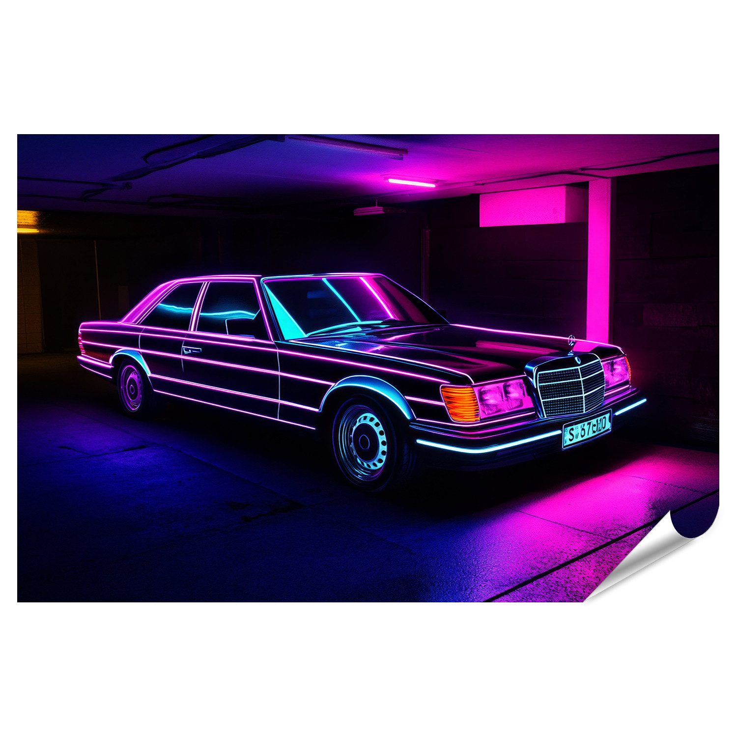 islandburner Poster, Neon beleuchtetes Auto in der Garage