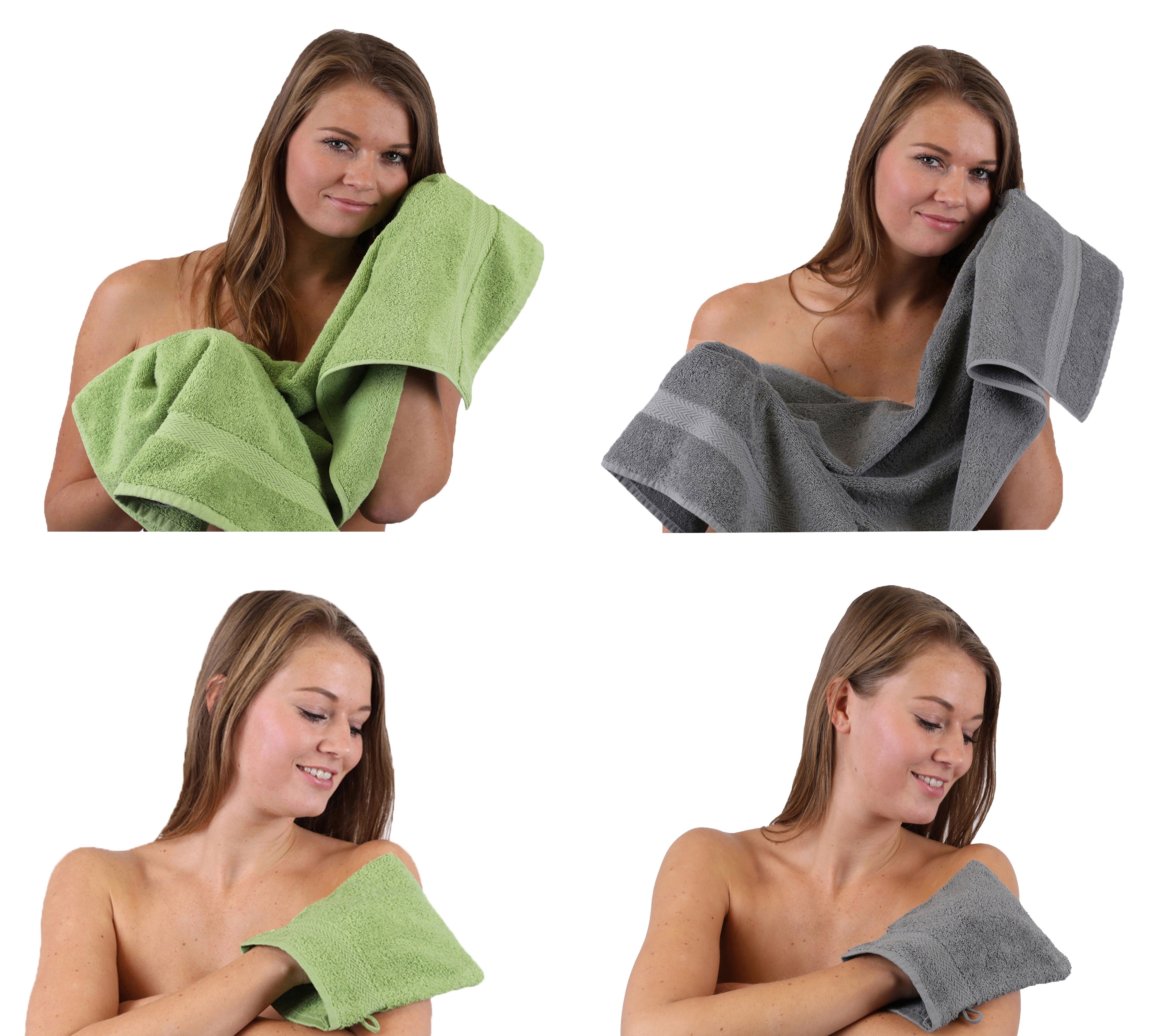 Pack TLG. anthrazit 2 100% 2 Set 4 Happy Baumwolle apfelgrün Set Baumwolle Handtuch - Waschhandschuhe, grau 100% Handtuch Handtücher Betz
