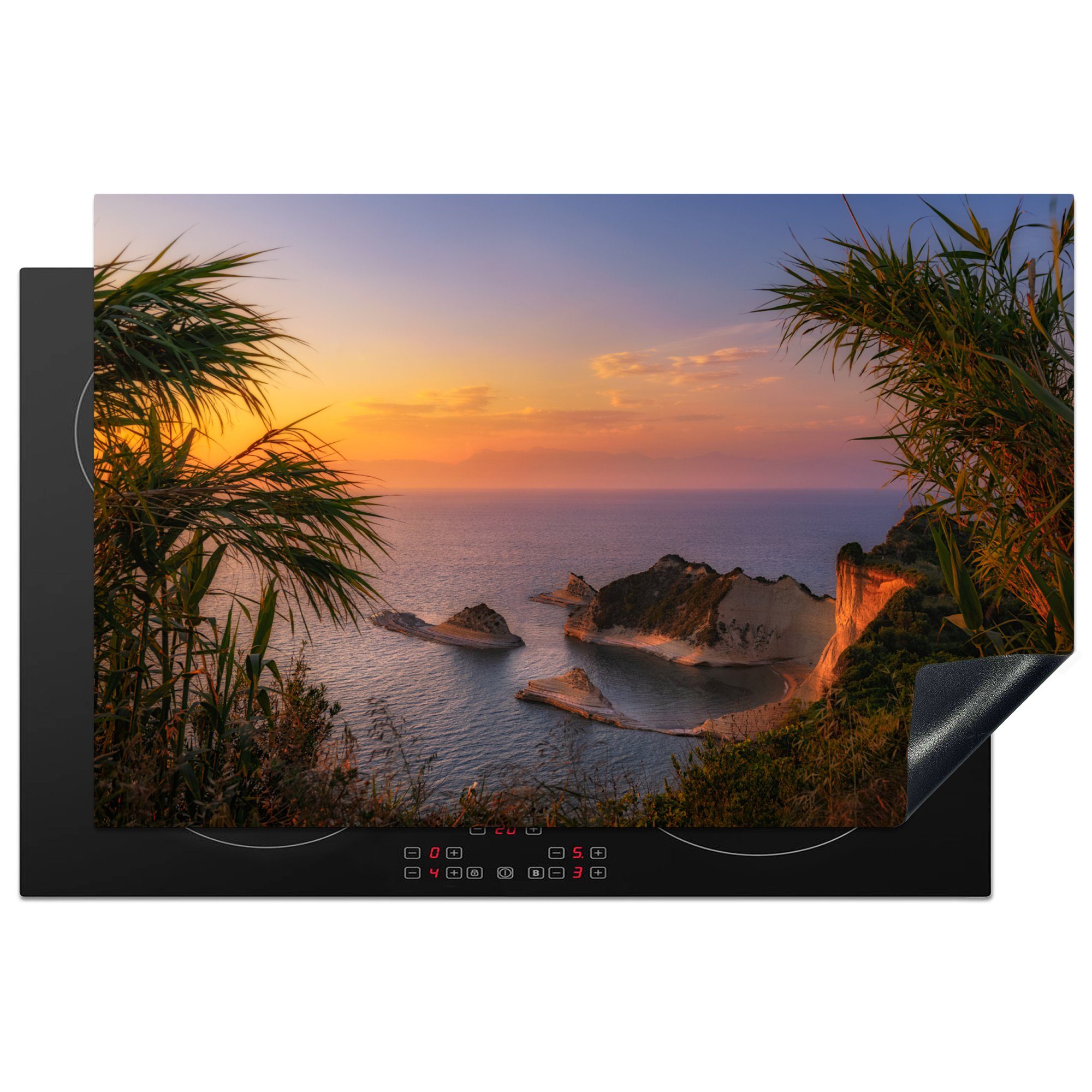 MuchoWow Herdblende-/Abdeckplatte Sonnenuntergang vor der Küste von Korfu, Griechenland, Vinyl, (1 tlg), 81x52 cm, Induktionskochfeld Schutz für die küche, Ceranfeldabdeckung