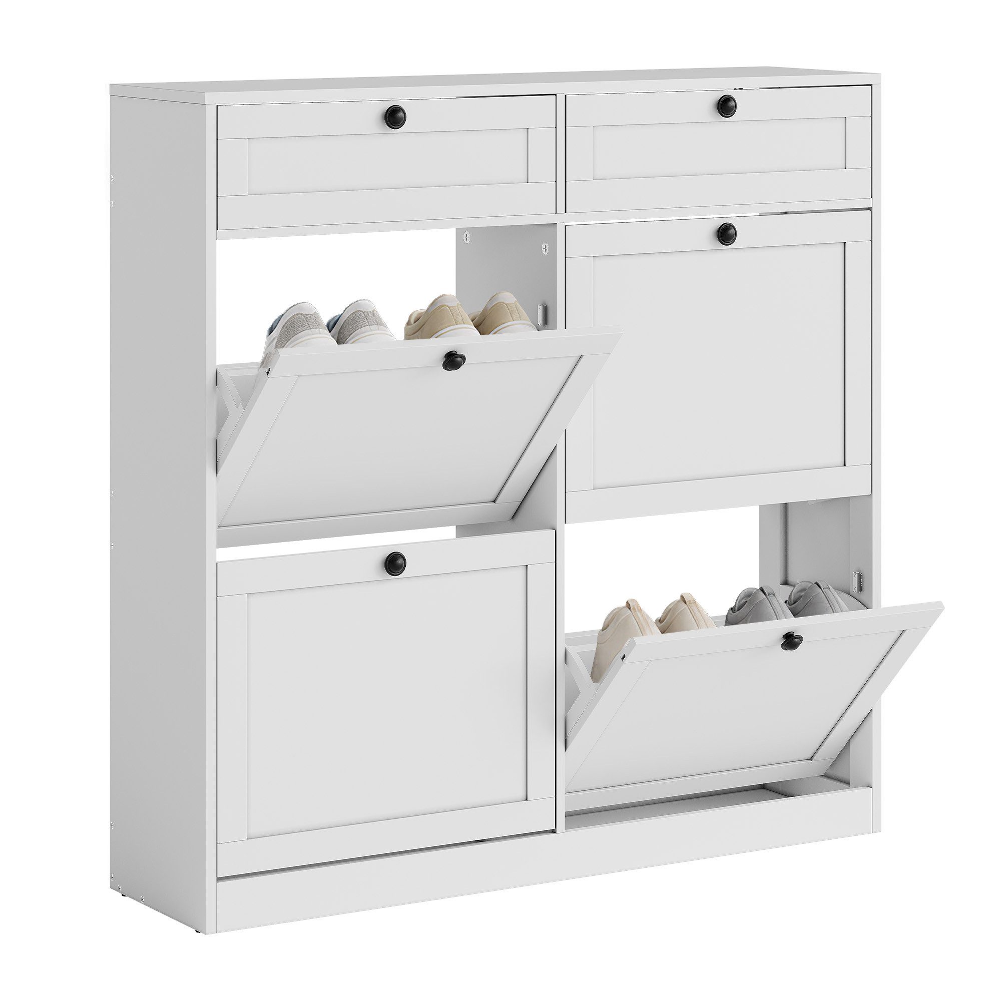 GarveeMore Schuhschrank mit 4 Klappen und 2 Schubladen, Schuhkipper Schuhregal 100x26x100cm