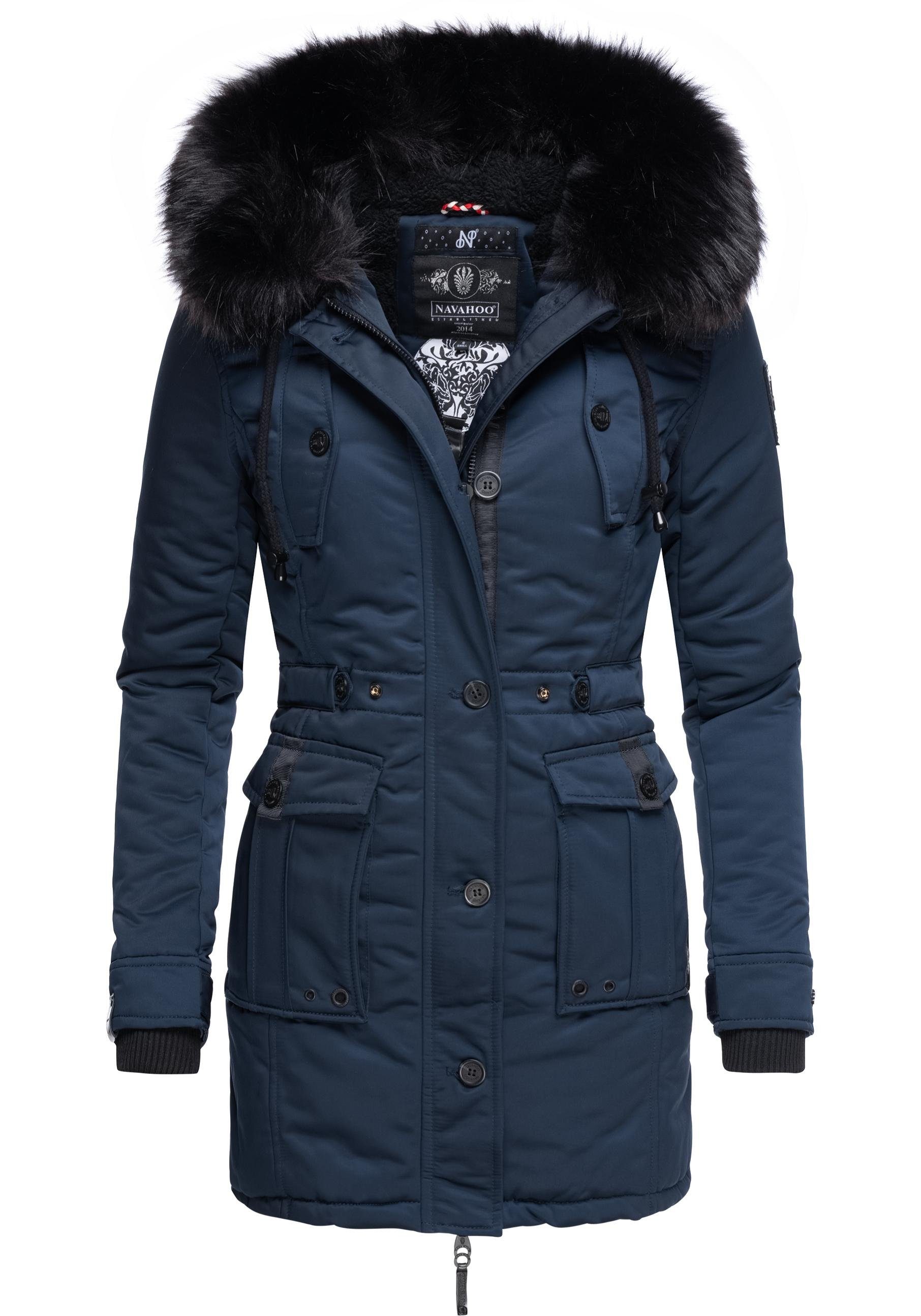 Navahoo Wintermantel Luluna Prc edler Parka mit großer Kunstfellkapuze blau