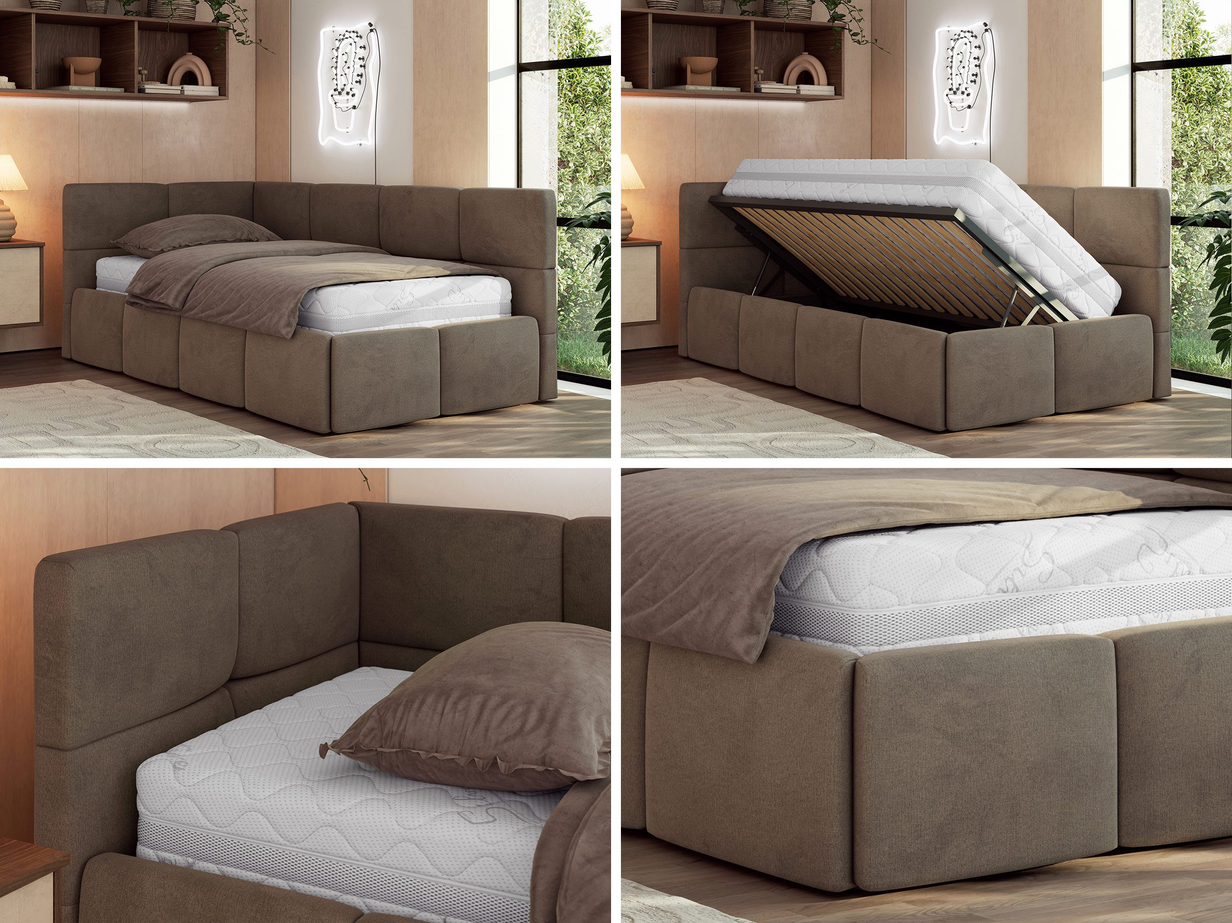 MKS MÖBEL Jugendbett ARVO 90x200 (Set, inkl. Lattenrost, Bettkasten und gepolstertem Kopfteil), Eckbett mit Stauraum, Polsterbett mit Gasdruckfedern